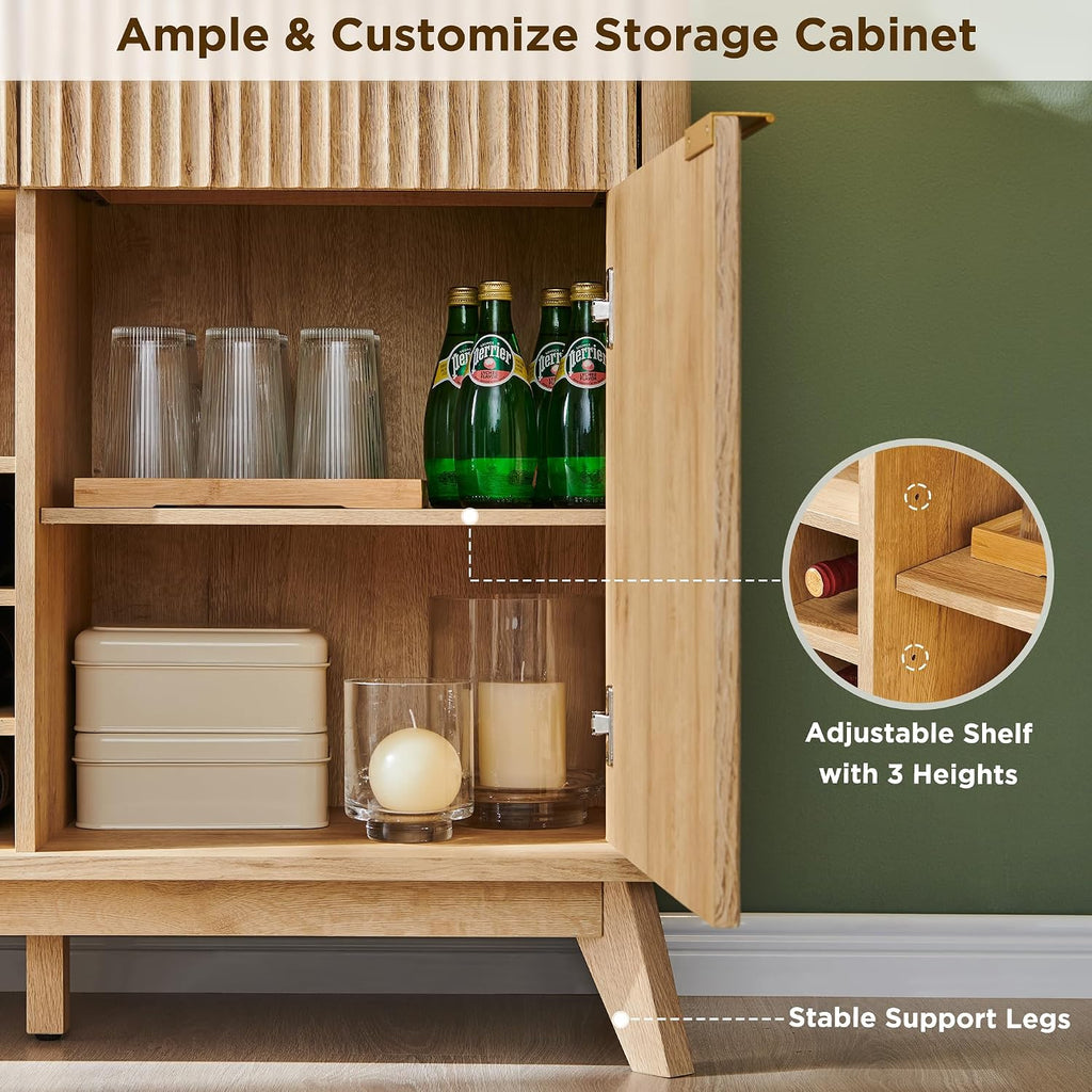 OKD 60' Fluted Wine Bar Cabinet, Mid-Century Modern Sideboard, Natural Oak | 3 Spacious Drawers, 3 Stemware Racks, 12 Wine Racks, Tapered Wood Legs, Adjustable Shelves, Sideboard Storage