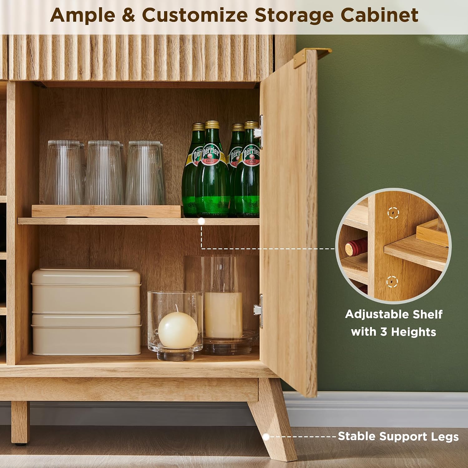 OKD 60' Fluted Wine Bar Cabinet, Mid-Century Modern Sideboard, Natural Oak | 3 Spacious Drawers, 3 Stemware Racks, 12 Wine Racks, Tapered Wood Legs, Adjustable Shelves, Sideboard Storage