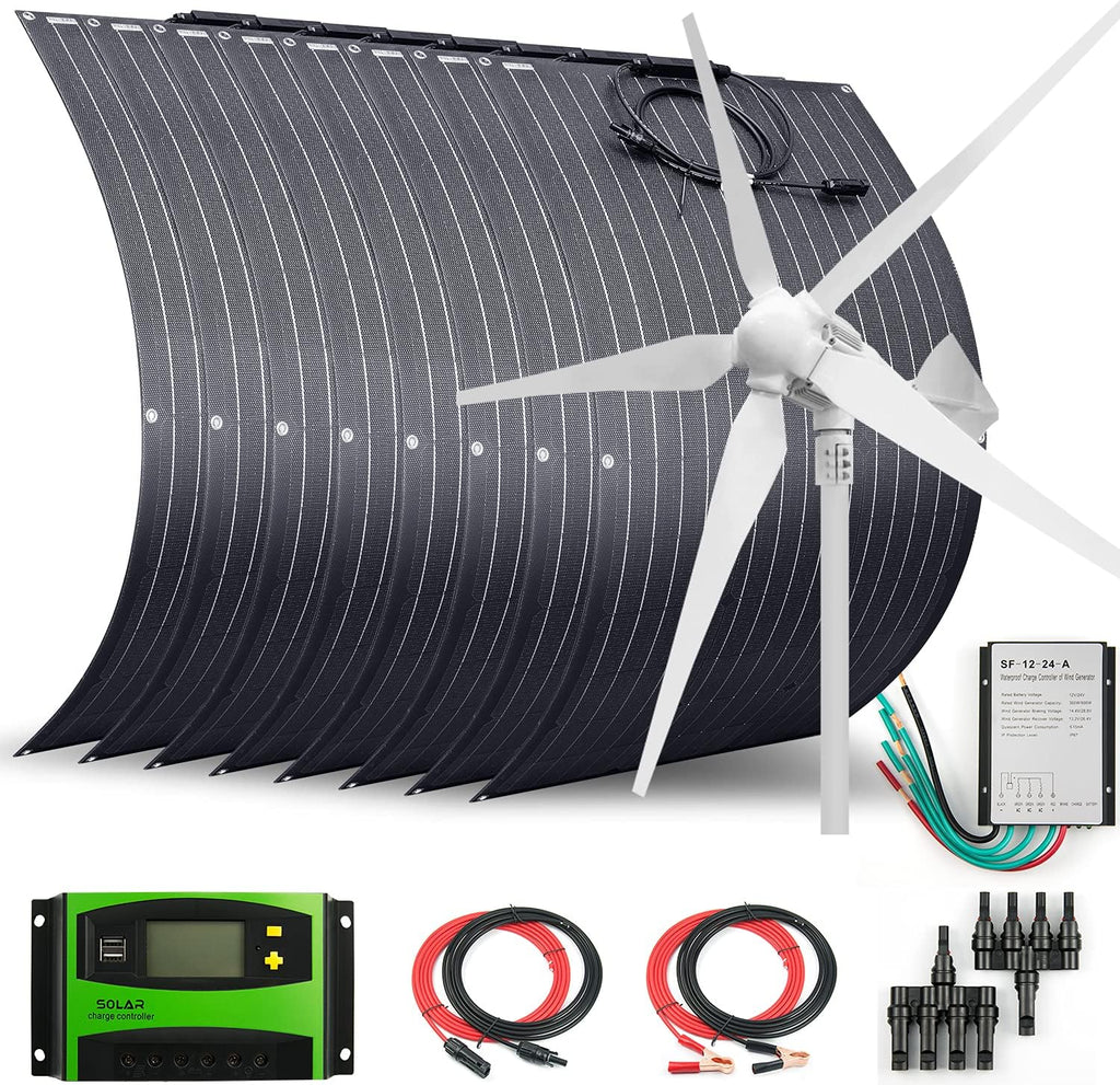 1800 Watts 24 Volts Solar Wind Hybrid System Kit:8pcs 100W ETFE Flexible Monocrystalline Solar Panel+1000W Wind Turbine Generator+Accessories