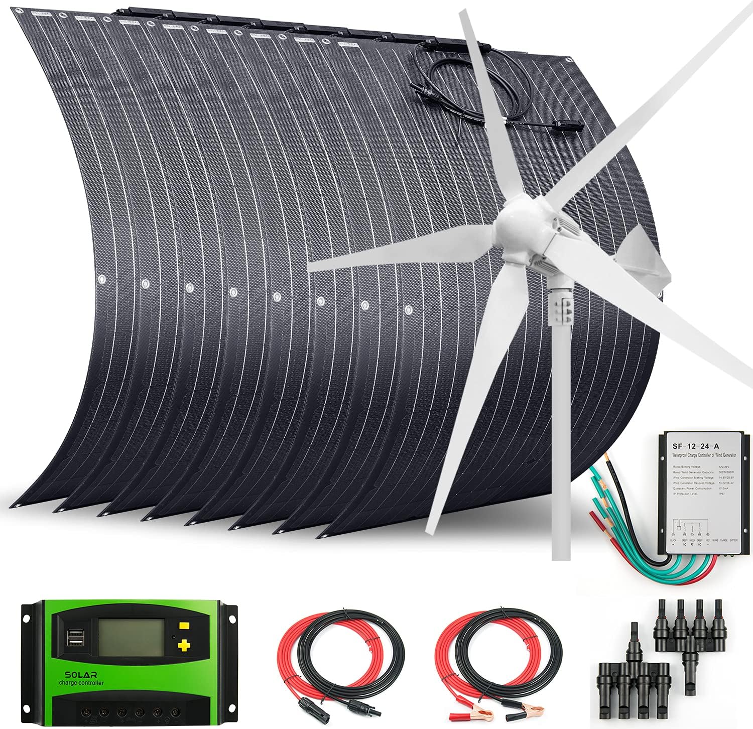1800 Watts 24 Volts Solar Wind Hybrid System Kit:8pcs 100W ETFE Flexible Monocrystalline Solar Panel+1000W Wind Turbine Generator+Accessories