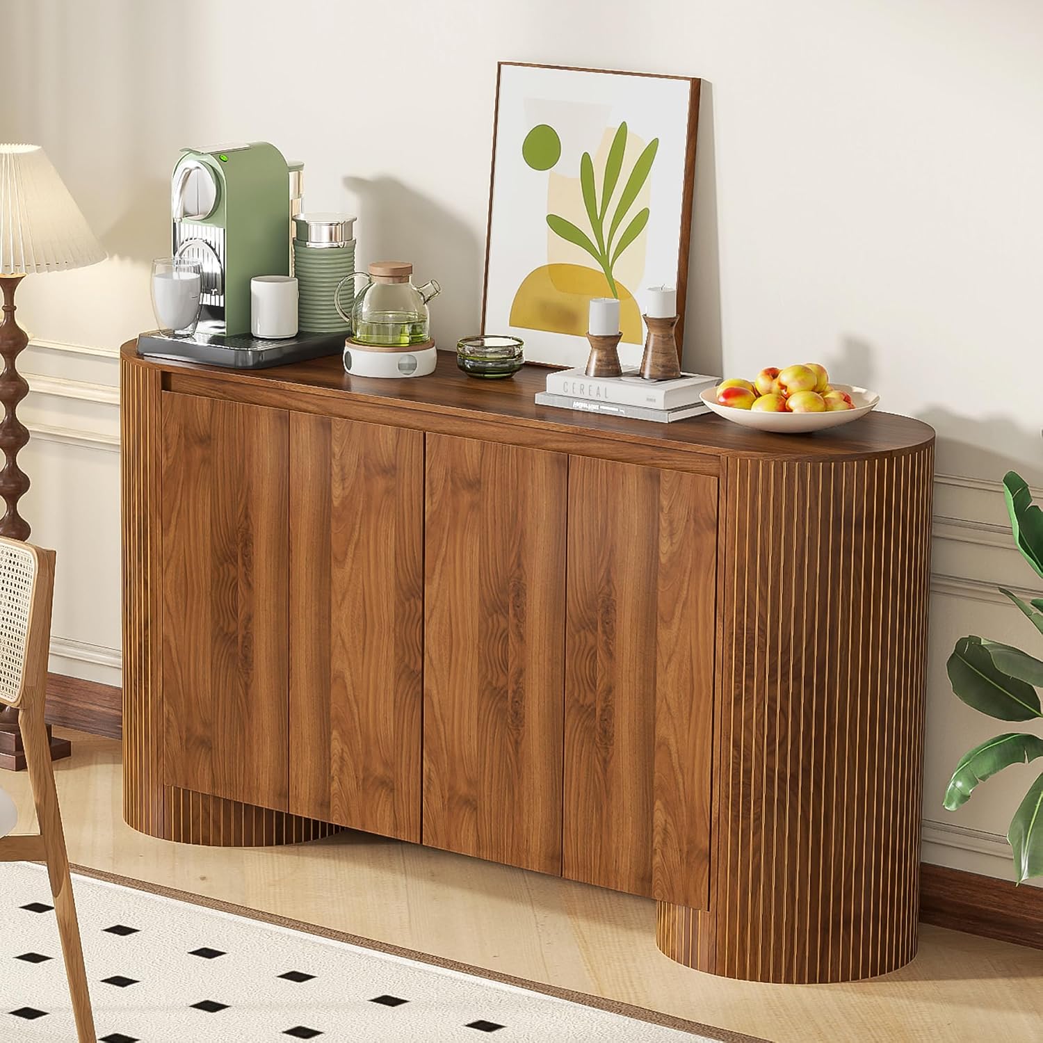 Sideboard Buffet Cabinet with Storage, 60' Modern Credenza Storage Cabinet with 4 Doors and Adjustable Shelves, Large Oval Buffet Table for Kitchen, Living Room (Walnut)