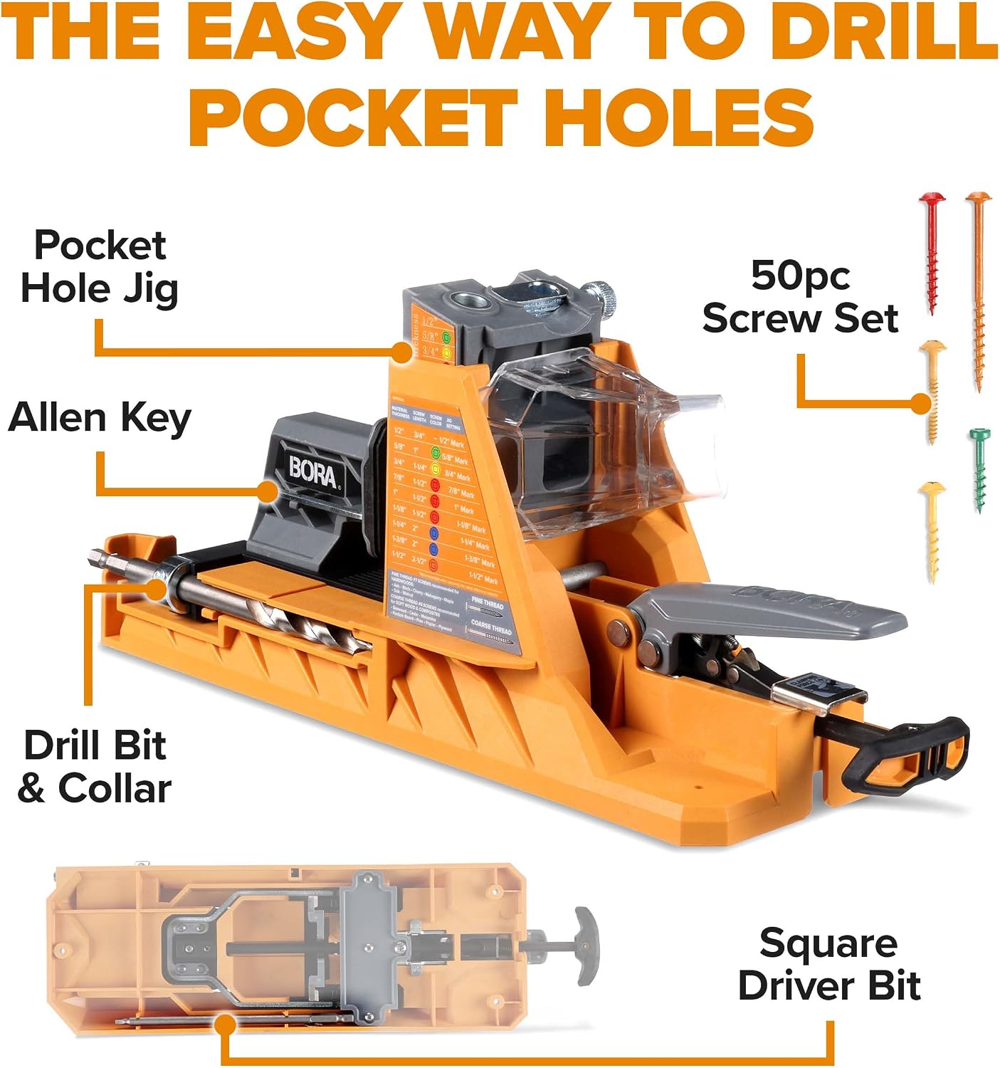 BORA Automatic Pocket Hole Jig with 50 Color-Coated Screws, Auto Adjusting Drill Guide, Pocket Hole Jig Kit for Woodworking - For Materials 1/2 inch to 1 1/2 inch Thick, Power Tool Accessory Jigs