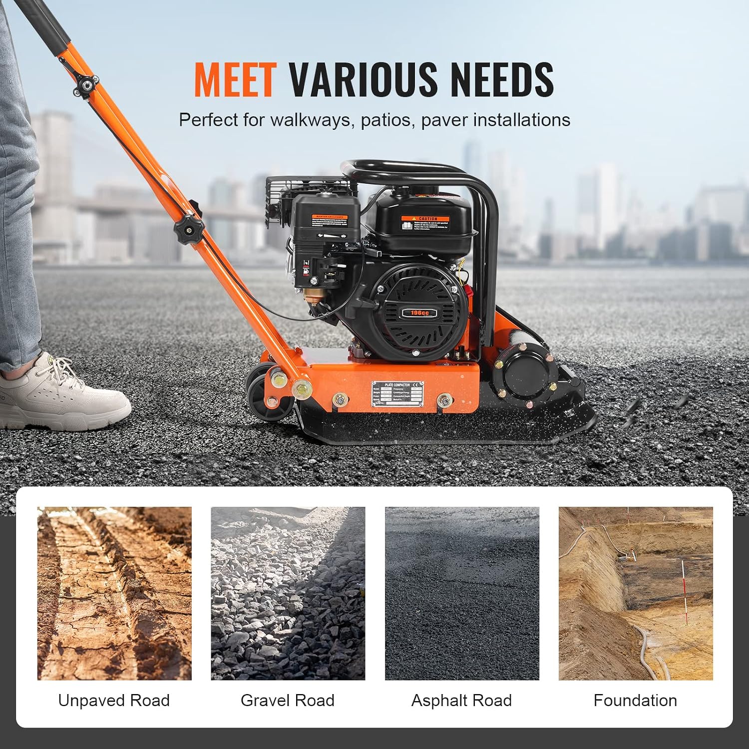 VEVOR 6.5HP Plate Compactor, 196CC Gas Engine, 2360 lbs Vibratory Compaction Tamper, 22.1x15.9 in Plate Power Jumping Jack Tamper, 5600 VPM Pavement Compactor for Walkways, Asphalts, Paver Landscaping