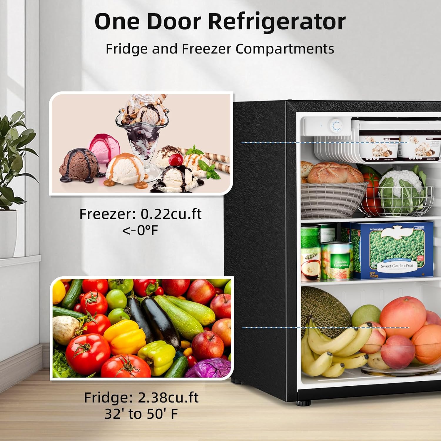 Antarctic Star Compact Refrigerator with Freezer, 2.6 Cu.Ft Mini Fridge with Adjustable Thermostat,Single Door,Removable Glass Shelves for Dorm/Kitchen/Office,BLACK