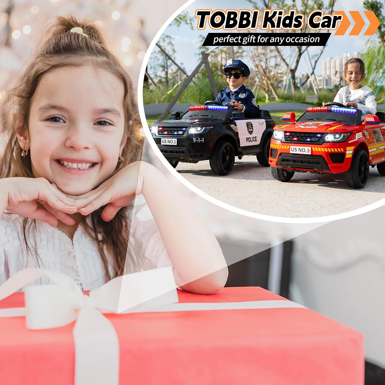 TOBBI Police Car Ride on Electric Car for Kids 1-8 to Drive Battery Powered 12V Ride-on Toys Cop Cars with Remote Control, Siren, Flashing Lights, Music, Spring Suspension, Carbon Black