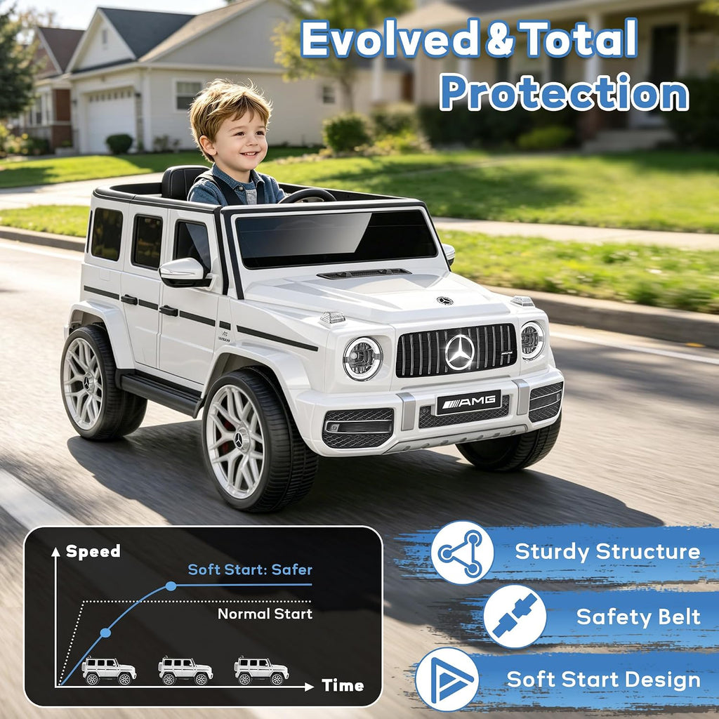 Licensed Mercedes Benz G63 Kids Electric Car, 12V G Wagon Ride on Car w/Safety High Window, Remote Control, 3 Speeds, Music Player, Horn & LED Lights for Toddlers (White)