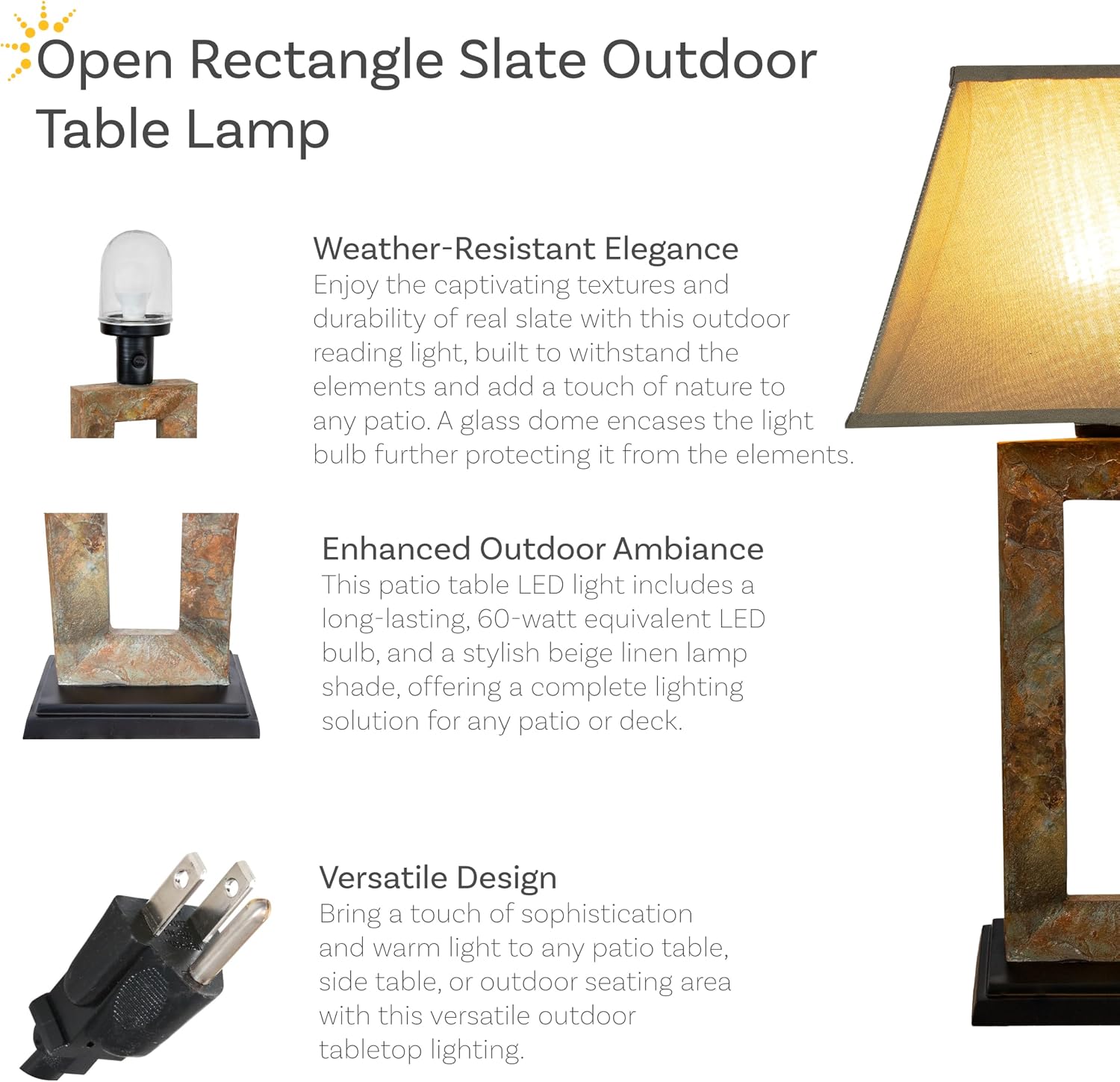 Sunnydaze 31' Slate Outdoor Side Table Lamp with Glass Bulb Protector for Ambient Lighting - Rectangular Modern Lamp for Bedroom, Living Room, or Patio Table Top
