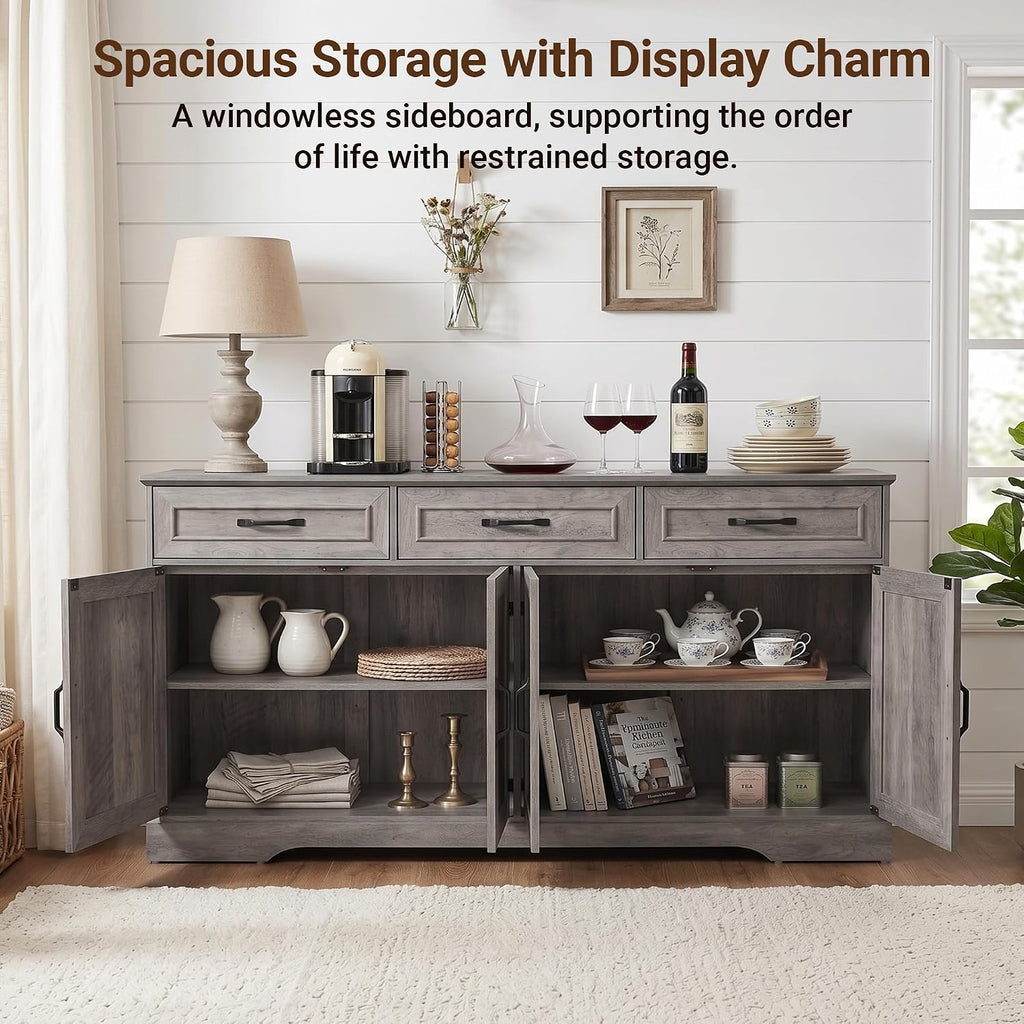 66' Large Sideboard Buffet Cabinet with Storage, Farmhouse Buffet Table Coffee Bar Wine Bar Kitchen Storage Cabinet with Drawers, Weathered Ash
