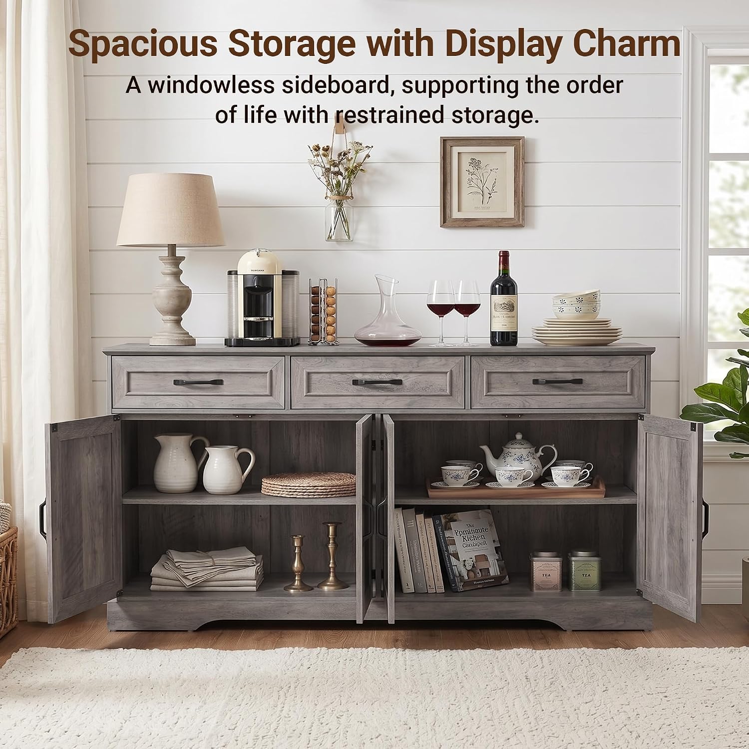 66' Large Sideboard Buffet Cabinet with Storage, Farmhouse Buffet Table Coffee Bar Wine Bar Kitchen Storage Cabinet with Drawers, Weathered Ash