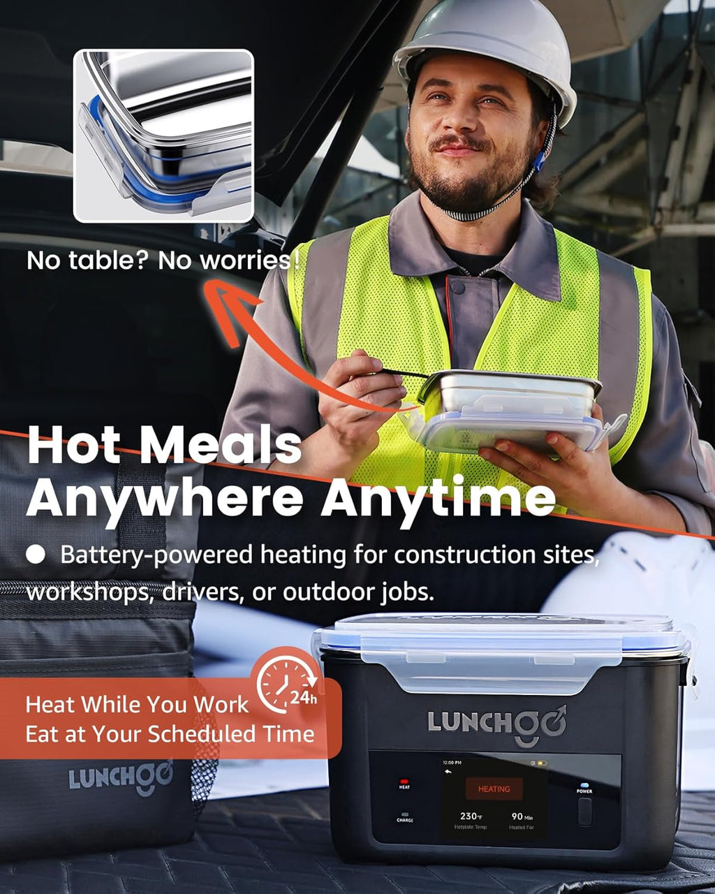 LUNCHGO® G1-Long Range(103 Wh), Smart Electric Heated Lunch Box Food Warmer – Cordless, 5 Cups, Battery Powered, 250°F Max, Scheduled Heating, Perfect for Outdoor Work, On-The-Go Meals (Carbon Black)