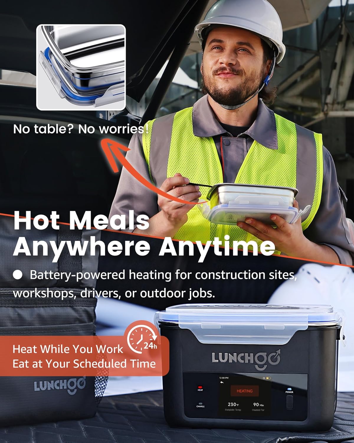 LUNCHGO® G1-Long Range(103 Wh), Smart Electric Heated Lunch Box Food Warmer – Cordless, 5 Cups, Battery Powered, 250°F Max, Scheduled Heating, Perfect for Outdoor Work, On-The-Go Meals (Carbon Black)