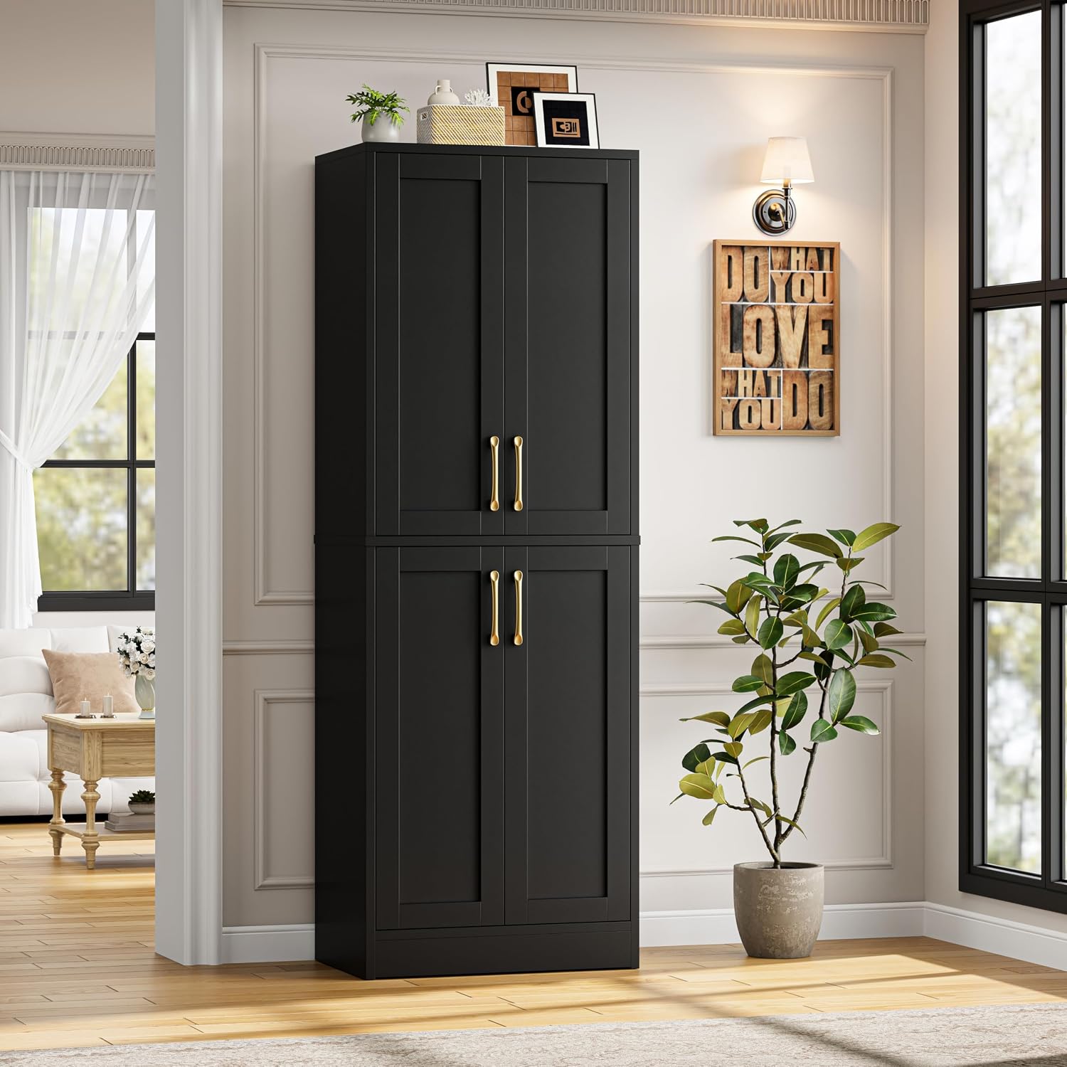Storage Cabinet - Pantry Organizers and Storage with 4 Doors and Adjustable Shelves, Tall Bathroom Cabinet Freestanding Narrow Kitchen Cupboard for Dining Room Living Room, Laundry, Black