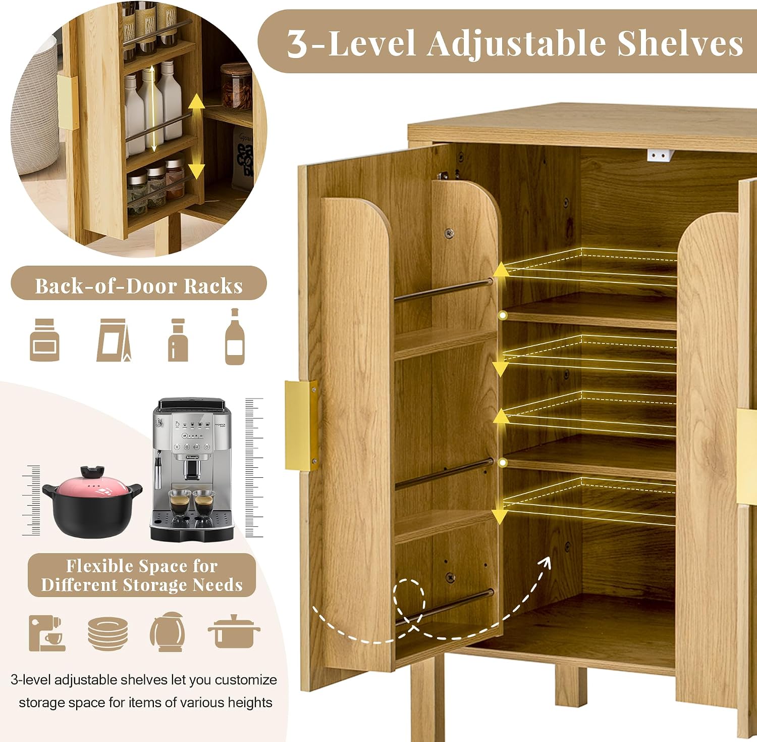Virubi 57.5' Sideboard Buffet Cabinet with Storage,Wooden Sideboard Cabinet with Back-of-Door Storage Racks & Side Hooks,Adjustable Shelves for Living Room,Dining Room,Natural