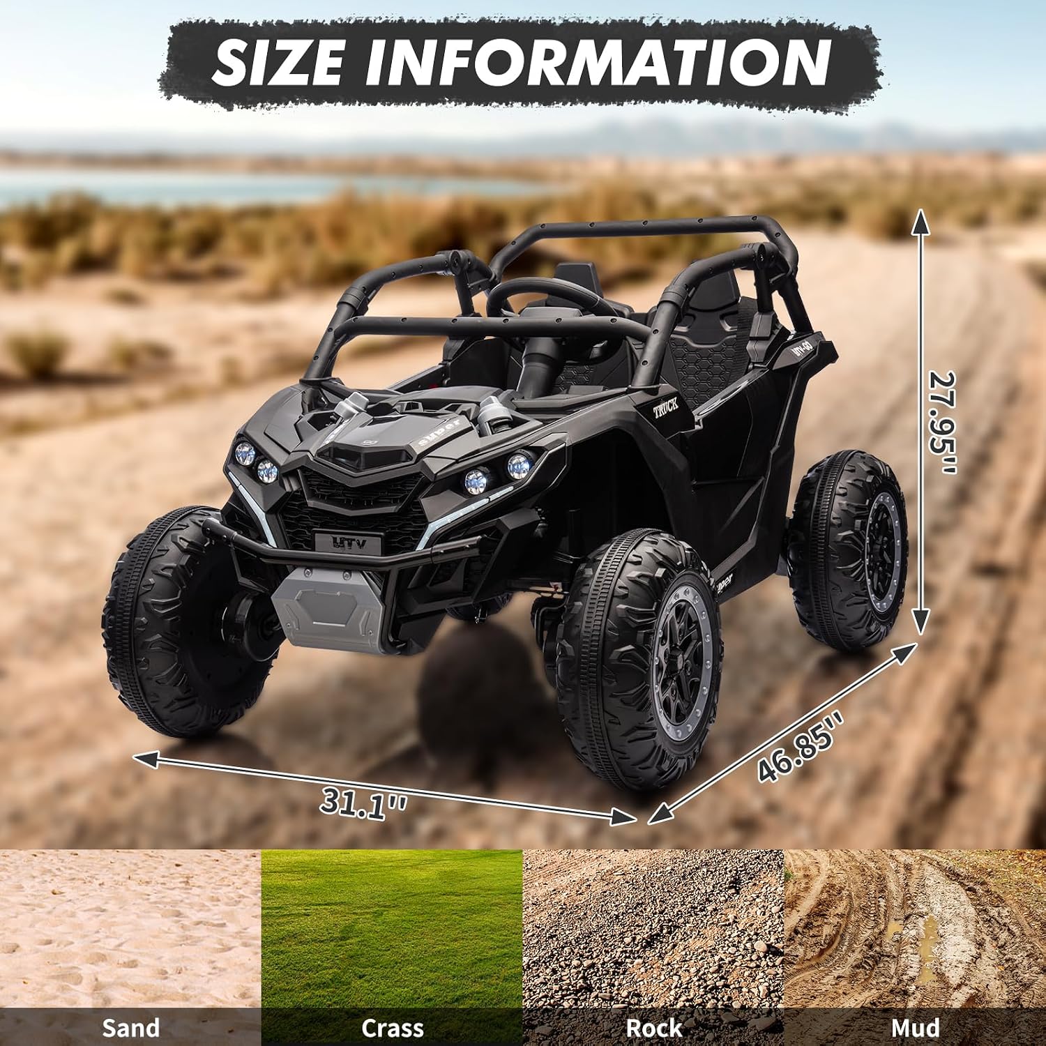 GarveeLife 24V Ride On Utv for Kids, 2 Seater 4WD Electric Truck with Remote Control, High and Low Speed Adjustment, Led Lights, 4-Wheel Shock Absorption, One Click Start, Music Player(Black)