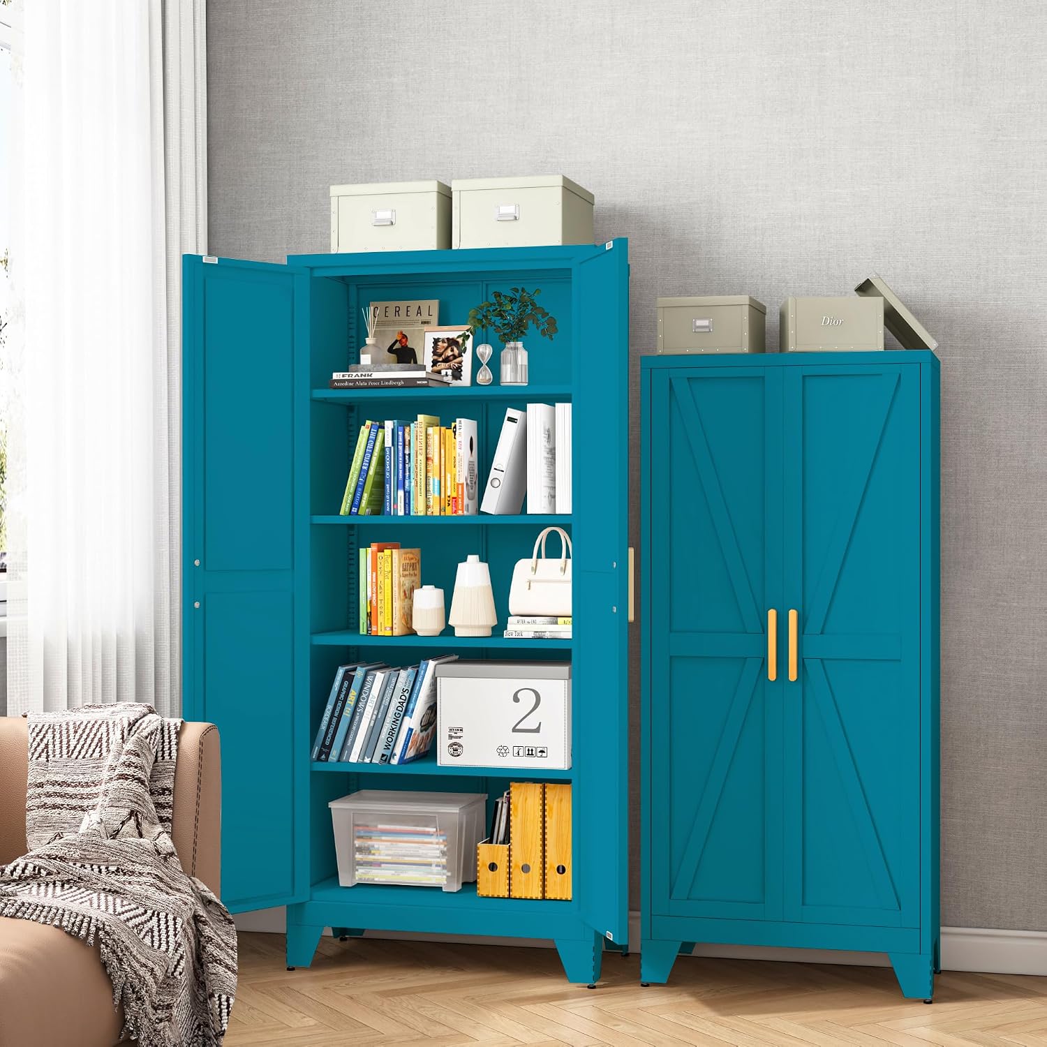 Baborokic 61H Metal Storage Cabinet with 2 Doors and Adjustable Shelves,Farmhouse Storage Cabinet with Barn Doors,Pantry Storage for Home,Office,Dining Room,Kitchen(Blue)