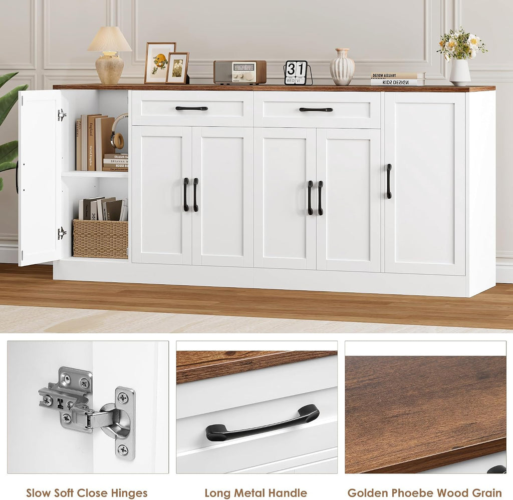 BOTLOG 71' Large Buffet Cabinet with Storage, Sideboard Buffet Cabinet with Adjustable Shelves and 6 Soft-Close Doors, Wood Coffee Bar Console Table for Kitchen, Dining Room, White