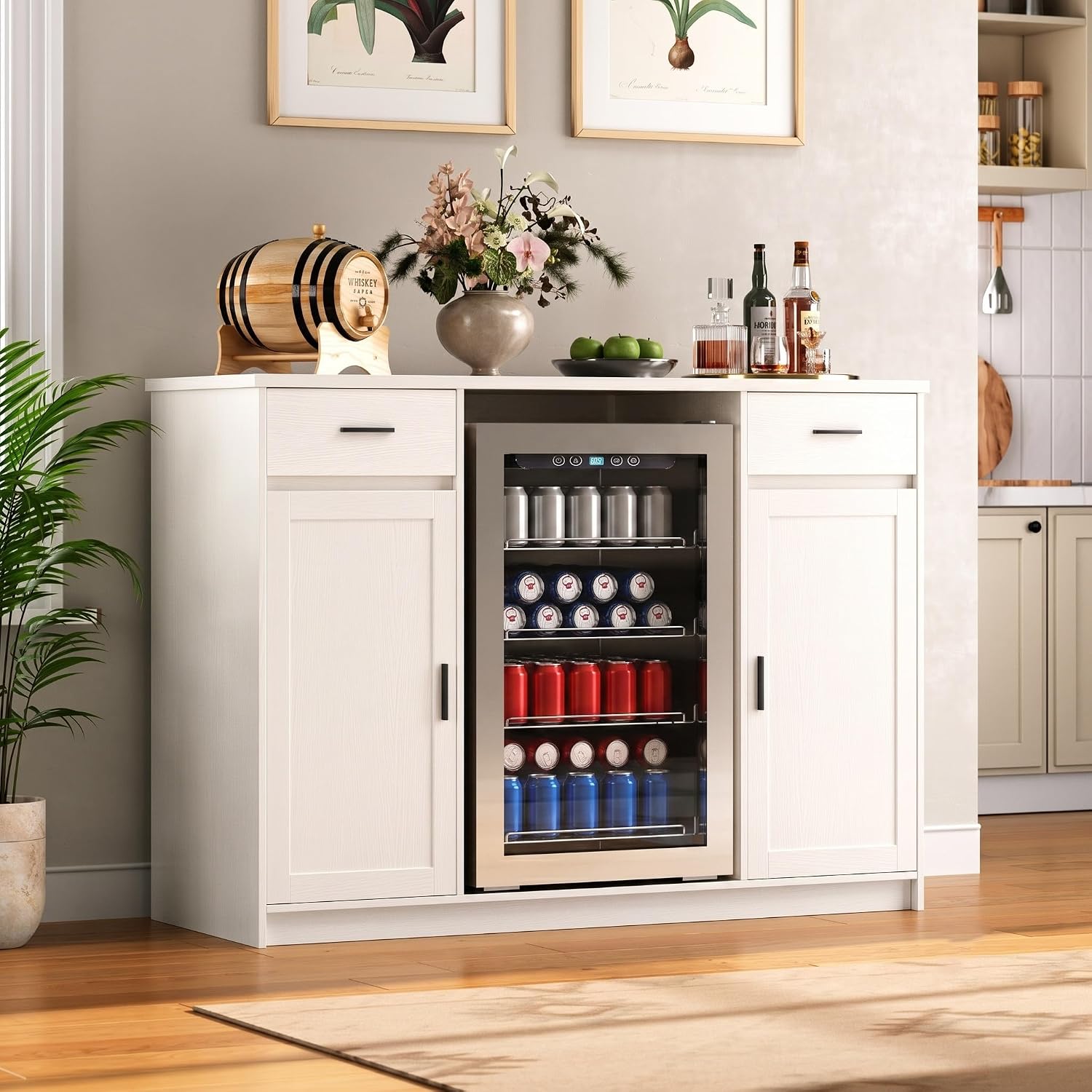 Herture Mini Fridge Cabinet,Coffee Bar Cabinet with Fridge Space & Wine Storage with Outlets,Fits 24' Fridge,Mini Fridge Stand,Buffet Sideboard Table Wine Cabinet for Kitchen Dining Room White KH04MRN