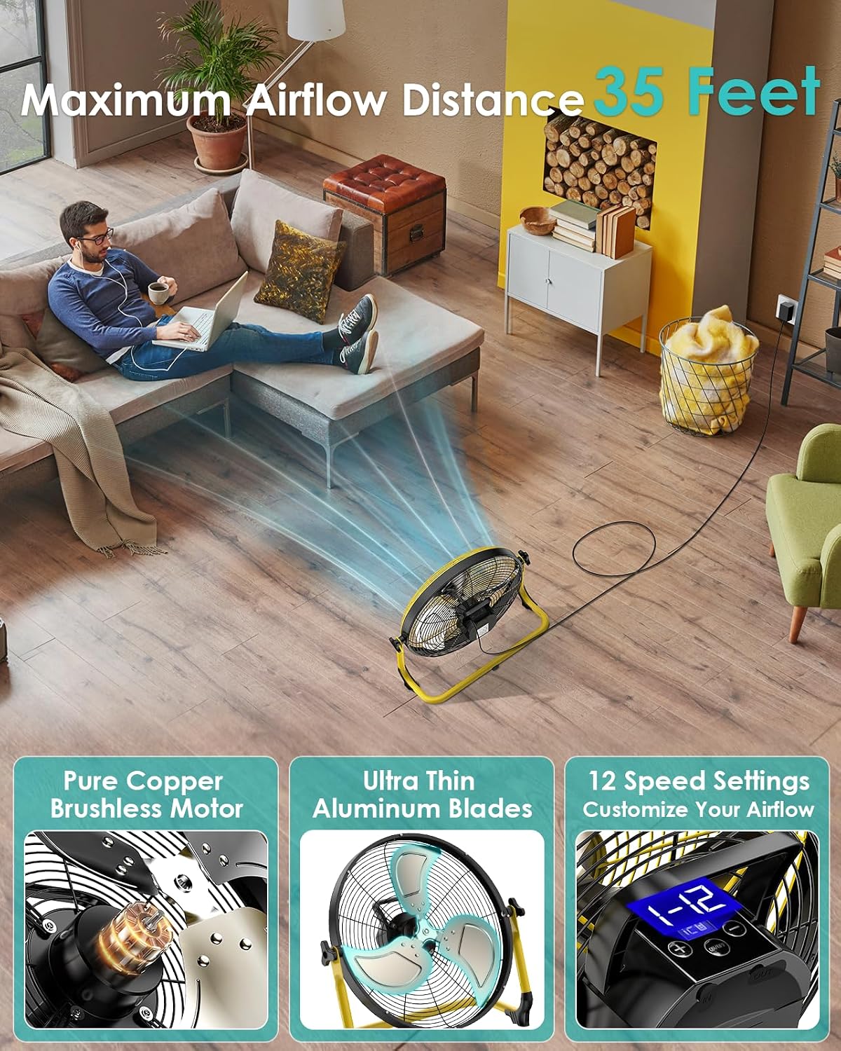 ZHULI 18' Solar Fan, Portable Battery Operated Floor Fan, Rechargeable Cordless Camping Fan, 40W Solar Panel, Hi-Velocity Brushless Motor, Metal blade, USB Phone Charge, 8~60H Runtime, Quiet, Wireless