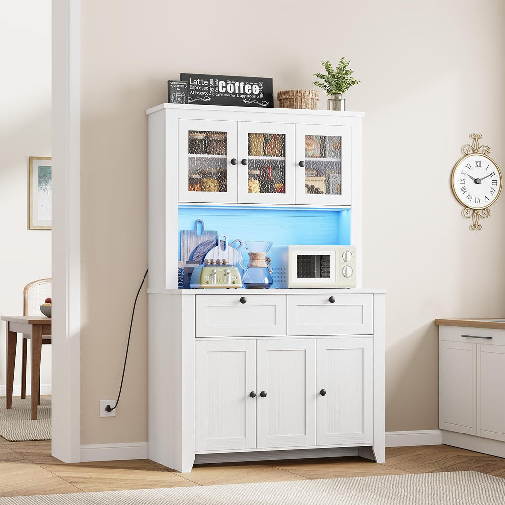 Pantry Cabinet with Charging Station, Farmhouse Kitchen Pantry Storage Cabinet with Countertop, Large Kitchen Hutch with Storage Drawers and Adjustable Shelves & Water Ripple Design for Dining Room,