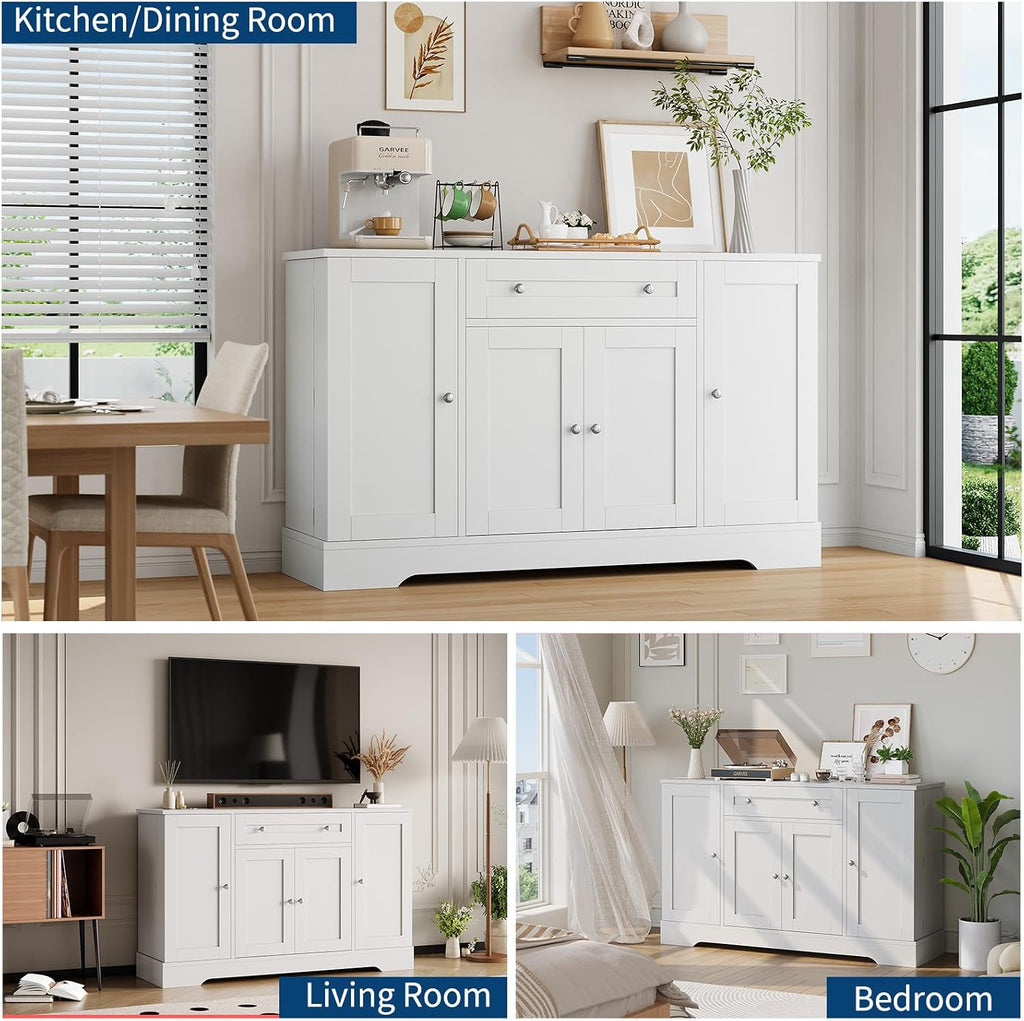 Modern Sideboard Buffet Cabinet with Storage, 55 in Wood Coffee Bar Cabinet with Drawer, Shelves & Door Shelves, Buffet Table Credenzas for Kitchen Dining Room Living Room, White