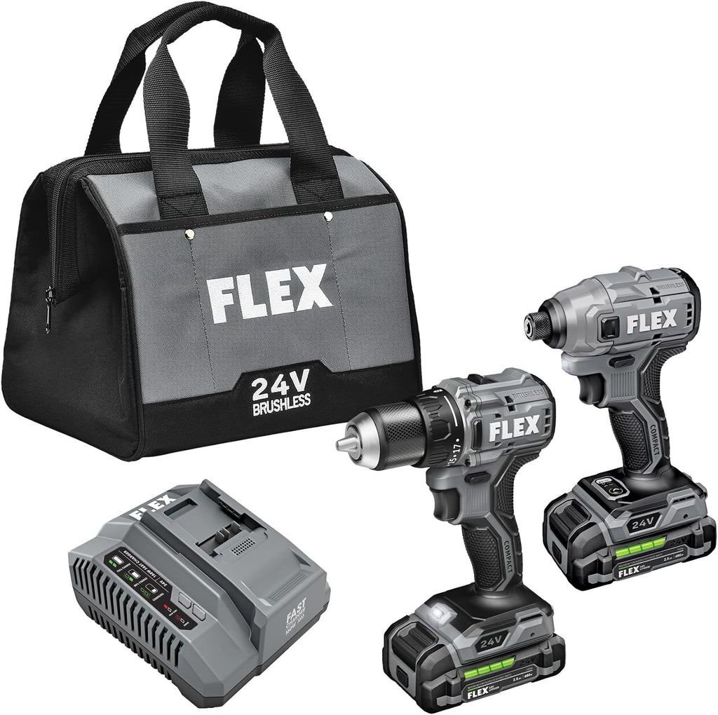 FLEX 24V Brushless Cordless 2-Tool Compact Combo Kit: 1/2-Inch 2-Speed Drill Driver and 1/4-Inch Hex Impact Driver with (2) 2.5Ah Lithium Batteries and 160W Fast Charger - FXM205-2A