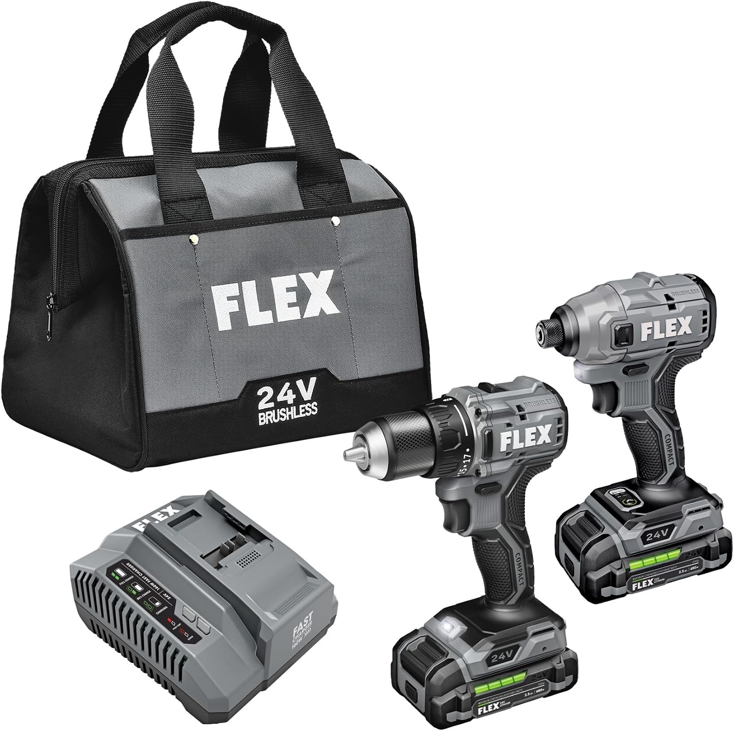 FLEX 24V Brushless Cordless 2-Tool Compact Combo Kit: 1/2-Inch 2-Speed Drill Driver and 1/4-Inch Hex Impact Driver with (2) 2.5Ah Lithium Batteries and 160W Fast Charger - FXM205-2A