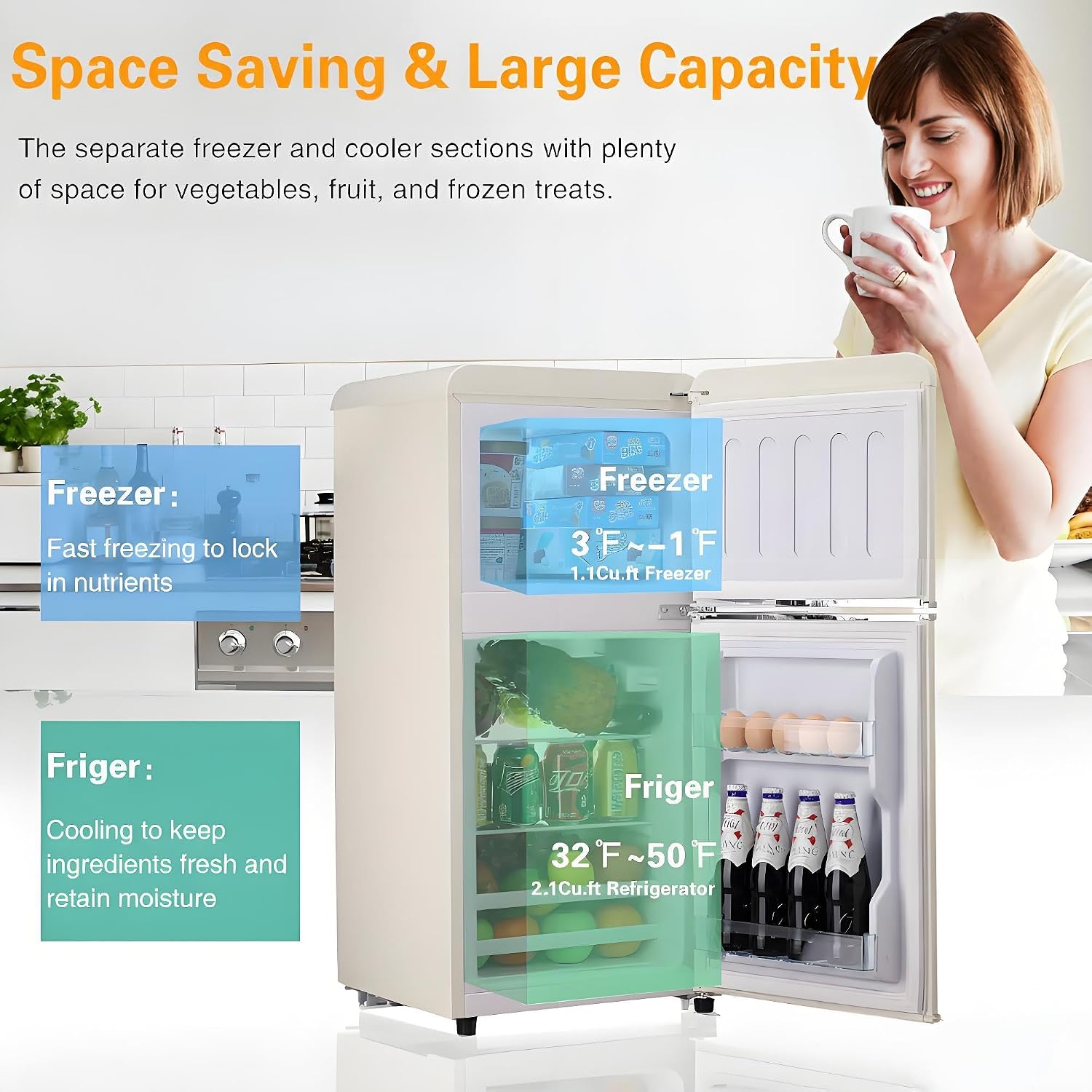 Anukis Mini Fridge with Freezer 3.2 Cu Ft 2 Door Compact Refrigerator for Apartment, Dorm, Office, Family, Basement, Garage - Retro Cream