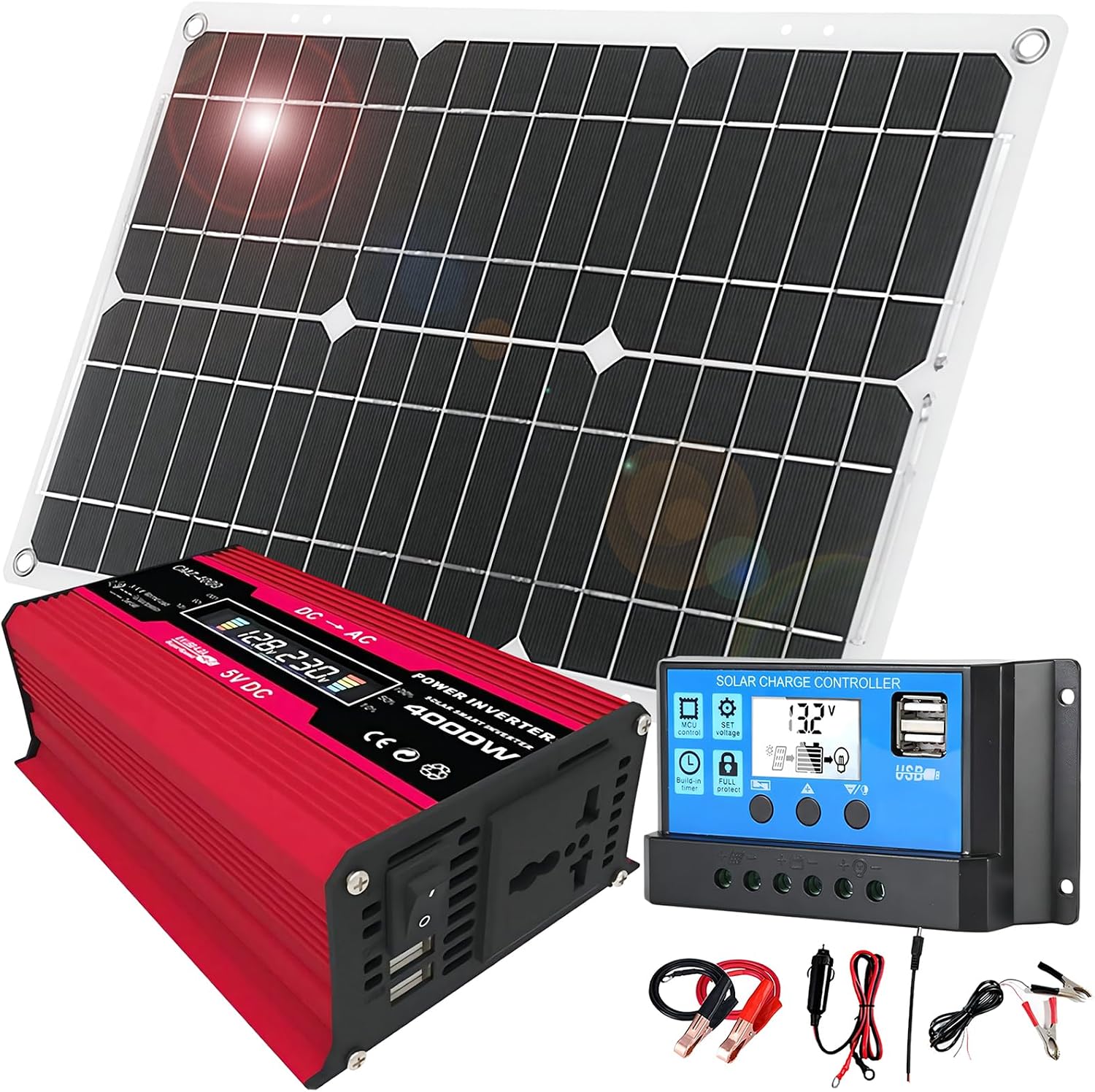 18W 12V Off-Grid Solar Panel Kit with 4000W Inverter & 30A Charge Controller, Portable Solar Generator for RV, Camping, Outdoor Emergency Backup Power(Red)