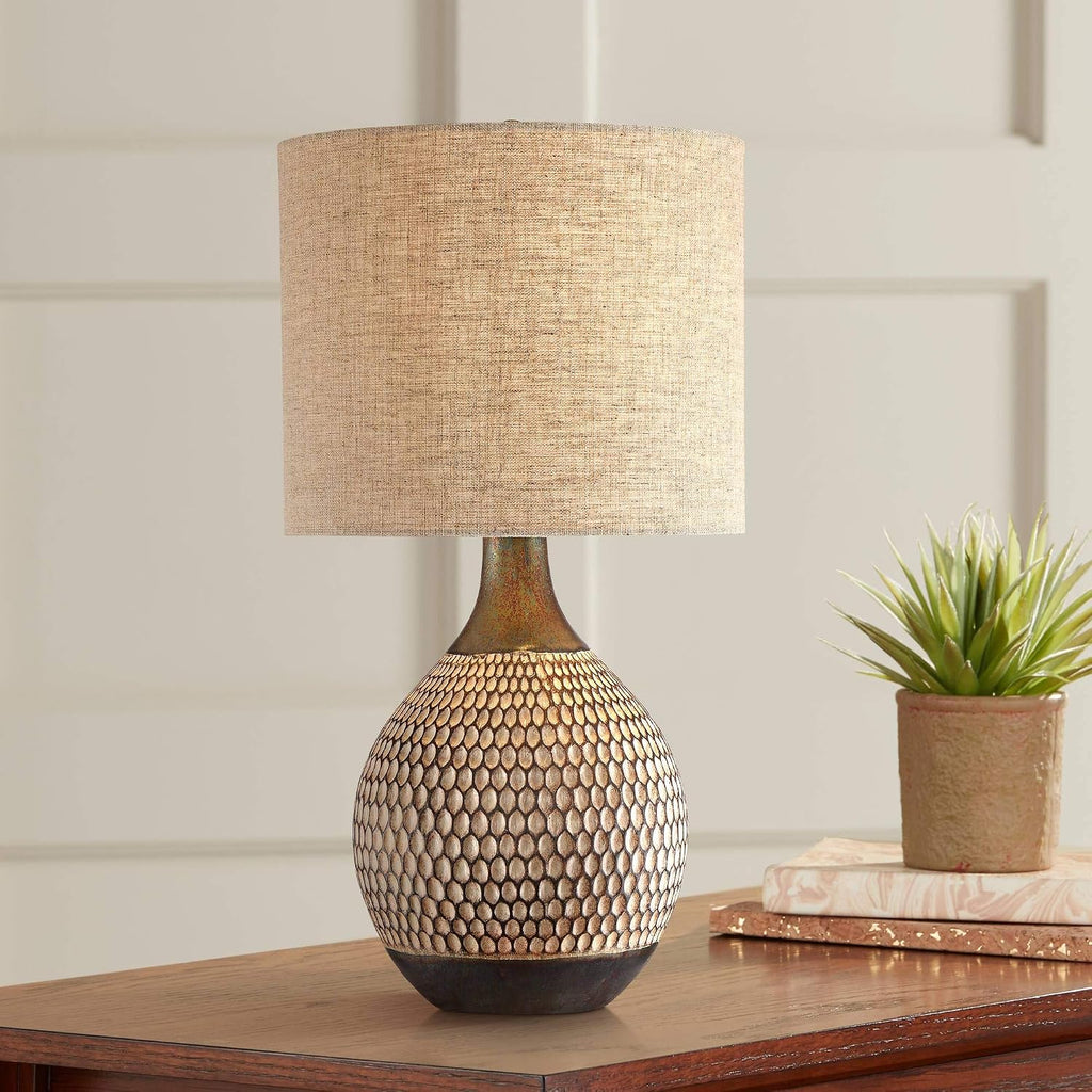 360 Lighting Emma Mid Century Modern Style Accent Table Lamp 21' High Brown Textured Wood Ceramic Oatmeal Fabric Drum Shade Cottage Core Decor for Living Room Bedroom House Bedside Nightstand Home