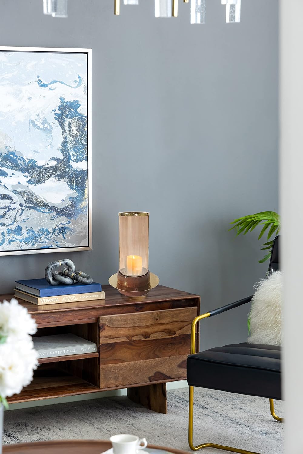 A&B Home Acacia Wood Candle Holder - Wood Candle Holder with Glass Hurricane, Decorative Tabletop Lighting, Living Room Coffee Table Accent Piece Dining Table Centerpiece, 8' x 8' x 14'