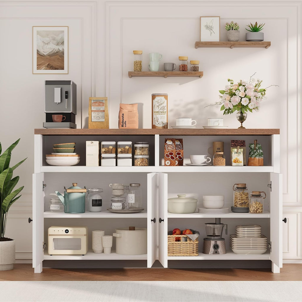 Garvee Sideboard Buffet Cabinet with Storage, 55'' Large Farmhouse Kitchen Storage Cabinet with 4 Doors & Adjustable Shelves, Wood Coffee Bar Cabinet for Dining Room, Entryway, Living Room, White