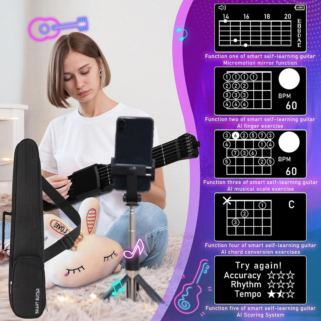 USB Charging Smart Acoustic Electric Pocket Travel Chord Practice Portable Guitar Neck for Beginner AI LCD (BLACK)