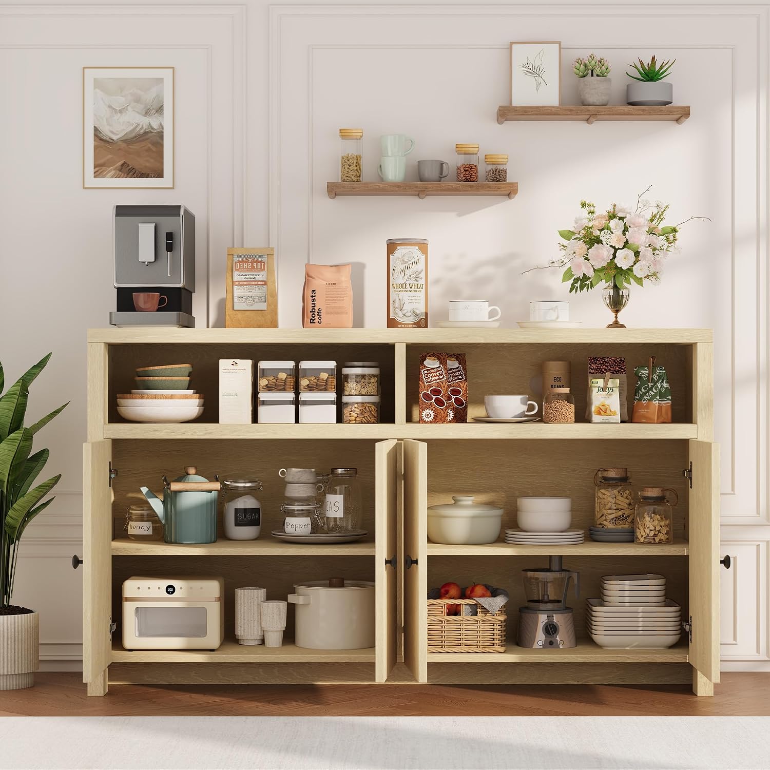 Garvee Sideboard Buffet Cabinet with Storage, 55'' Large Farmhouse Kitchen Storage Cabinet with 4 Doors & Adjustable Shelves, Wood Coffee Bar Cabinet for Kitchen Dining Room Entryway Living Room, Oak