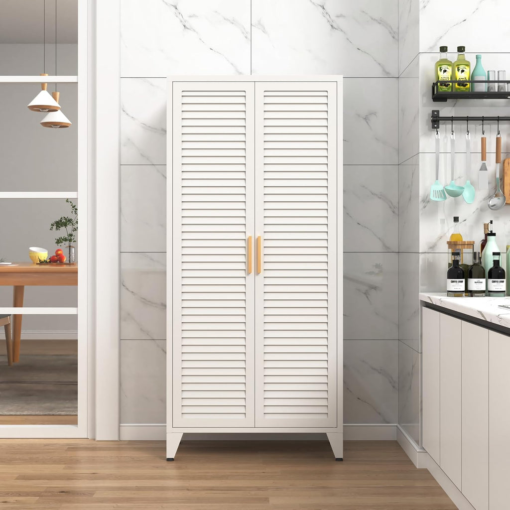 61 'H White Lockable Steel Storage Cabinet,Double Louver Shutter Ventilated Door Metal Wardrobe Cabinet 3 Tier Adjustable Shelves Freestanding Storage Locker for Bedroom,Home Office