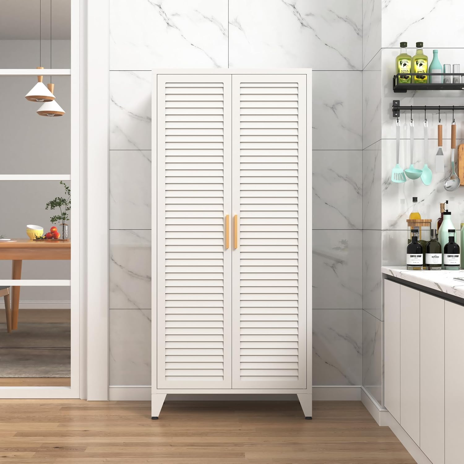 61 'H White Lockable Steel Storage Cabinet,Double Louver Shutter Ventilated Door Metal Wardrobe Cabinet 3 Tier Adjustable Shelves Freestanding Storage Locker for Bedroom,Home Office
