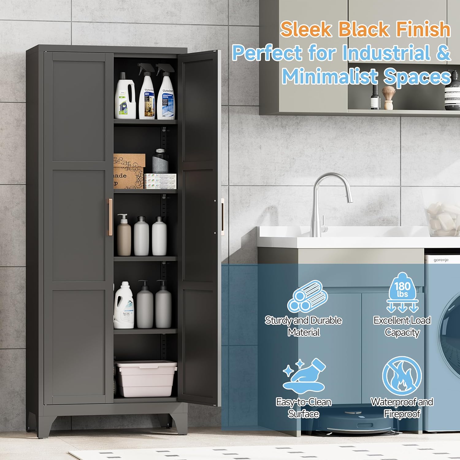 Pantry Cabinets for Kitchen,70.8' Tall Storage Cabinets,Metal Pantry Storage Cabinet with 2 Doors and 4 Adjustable Shelves for Kitchen/Black