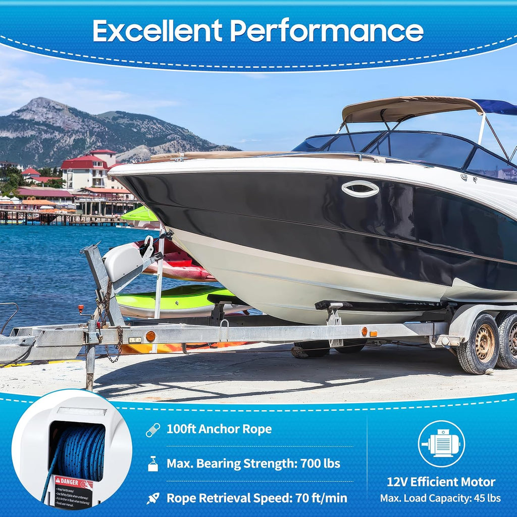 OUKANING Boat Electric Anchor Winch, Anchors Up to 25/35/45 LBS, 12-Volt DC Boat Anchor Wench with Wireless Remote Control, High-Efficiency Marine Saltwater Anchor Windlass Kit Includes 100-feet Rope