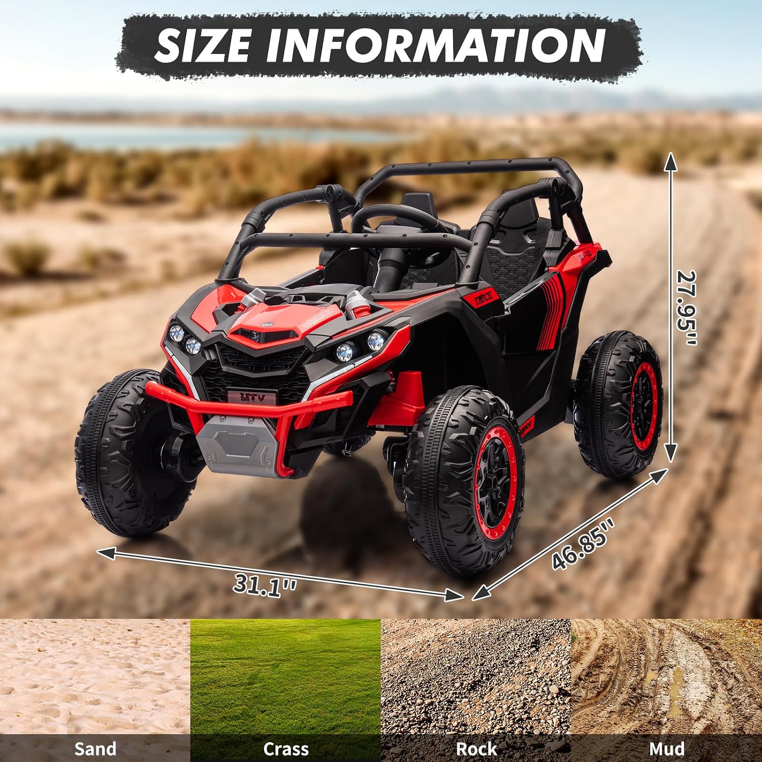 GarveeLife 24V Ride On Utv for Kids, 2 Seater 4WD Electric Truck with Remote Control, High and Low Speed Adjustment, Led Lights,4-Wheel Shock Absorption, One Click Start, Music Player (Red)