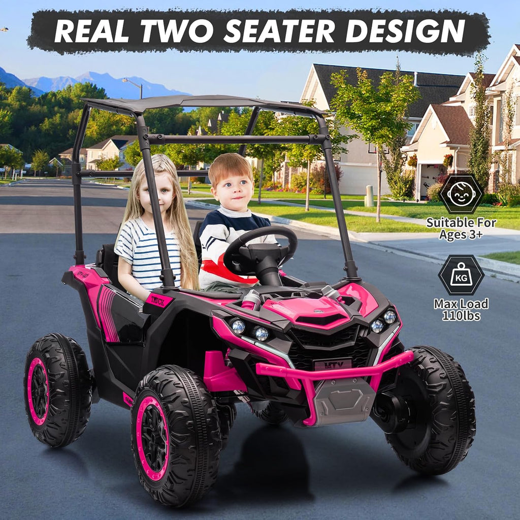 GarveeLife 24V Ride On Utv for Kids, 2 Seater Electric Truck with Sun Shade, 4WD Electric Car Toy with Remote Control, Led Lights, 4 Shock Absorbersm, One Click Start, Music Player(Rose)