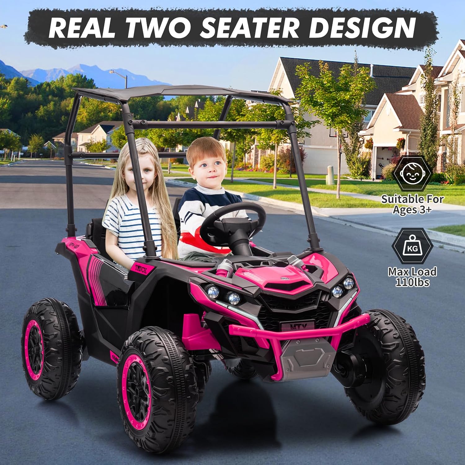 GarveeLife 24V Ride On Utv for Kids, 2 Seater Electric Truck with Sun Shade, 4WD Electric Car Toy with Remote Control, Led Lights, 4 Shock Absorbersm, One Click Start, Music Player(Rose)