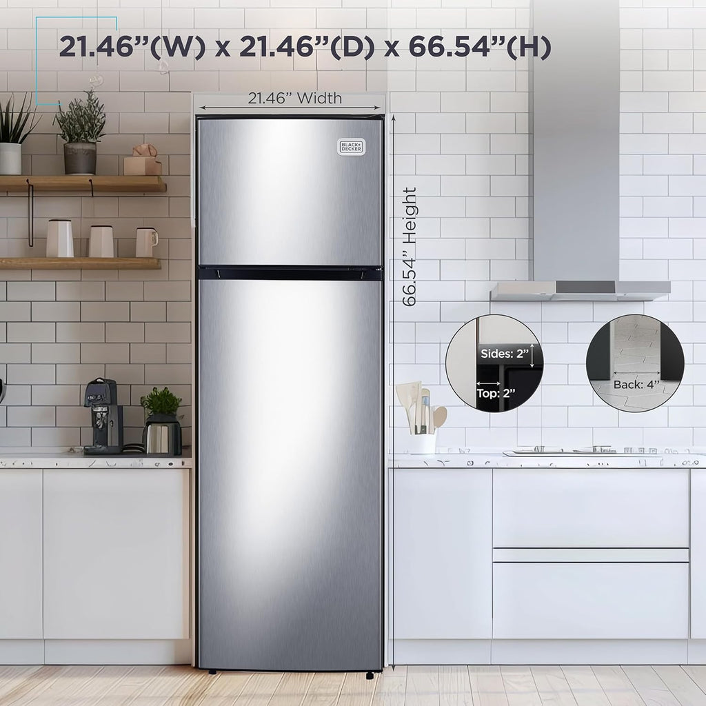 BLACK+DECKER 10 Cu. Ft. Top Mount Refrigerator with Freezer, 2 Door Fridge with Top Freezer and Mechanical Temperature Control, For Homes and Apartments, BDA10LAS, Stainless Steel Look