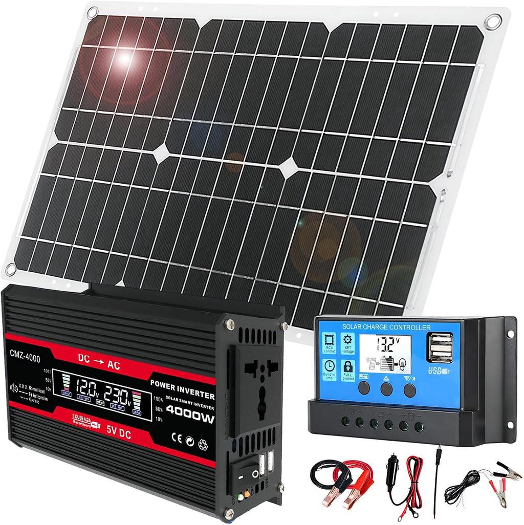18W 12V Off-Grid Solar Panel Kit with 4000W Inverter & 30A Charge Controller, Portable Solar Generator for RV, Camping, Outdoor Emergency Backup Power(Black)
