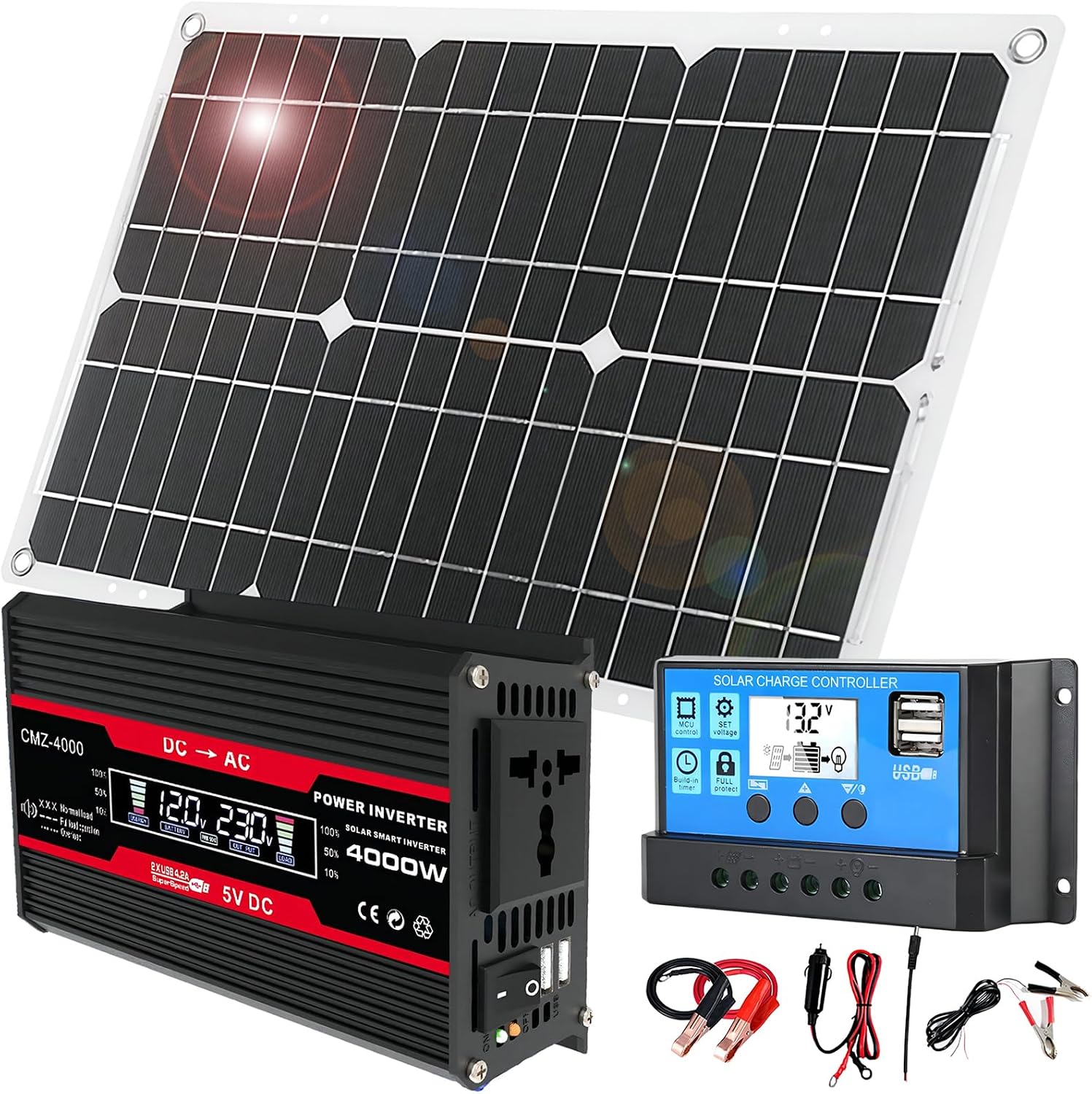 18W 12V Off-Grid Solar Panel Kit with 4000W Inverter & 30A Charge Controller, Portable Solar Generator for RV, Camping, Outdoor Emergency Backup Power(Black)