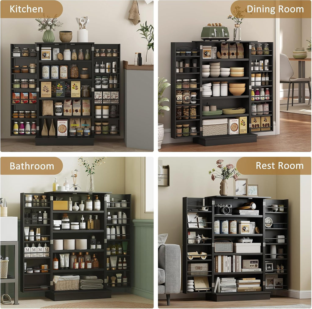 HOMCOM 41' Kitchen Pantry Storage Cabinet, Freestanding Kitchen Cabinet with 12 Door Shelves, Double Doors, 5-Tier Shelving and Adjustable Shelves, Black