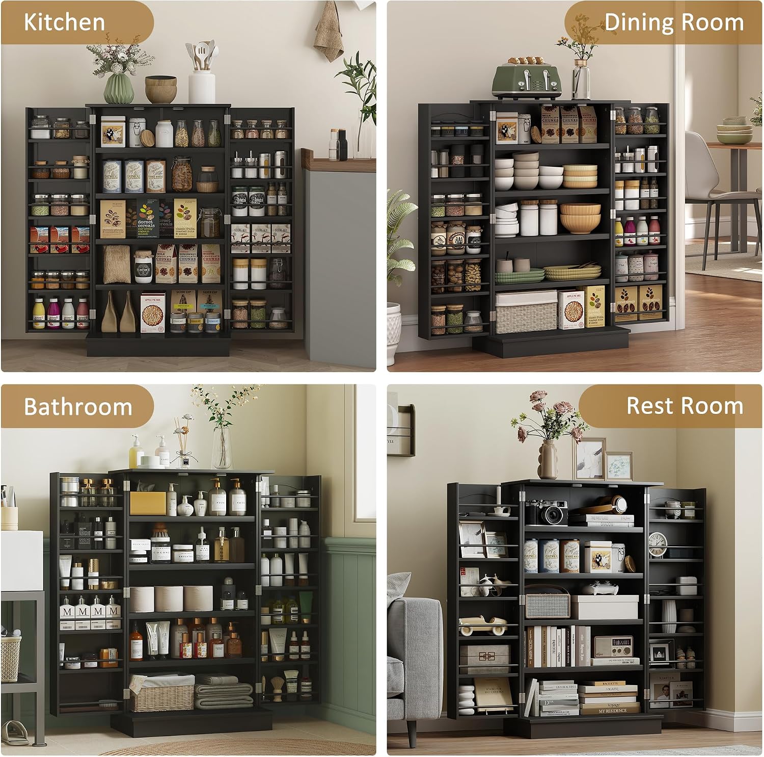 HOMCOM 41' Kitchen Pantry Storage Cabinet, Freestanding Kitchen Cabinet with 12 Door Shelves, Double Doors, 5-Tier Shelving and Adjustable Shelves, Black