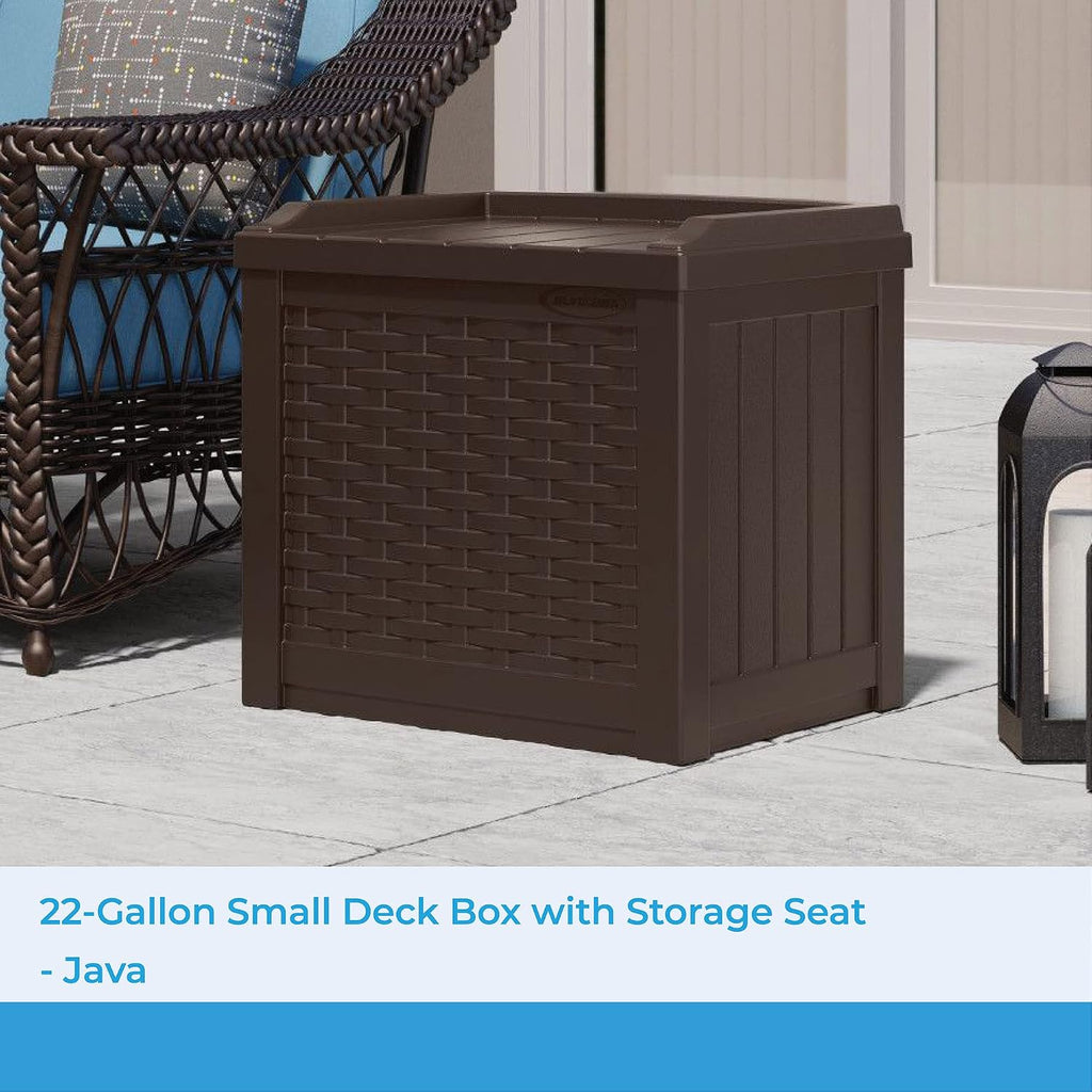 Suncast 33 Gallon Durable Plastic Hideaway Outdoor Garbage Can with Secure Lid and Wicker Design for Home Backyards, Decks, or Patios, Java Brown & 22 Gallon Small Resin Storage Seat, Java, SSW600J