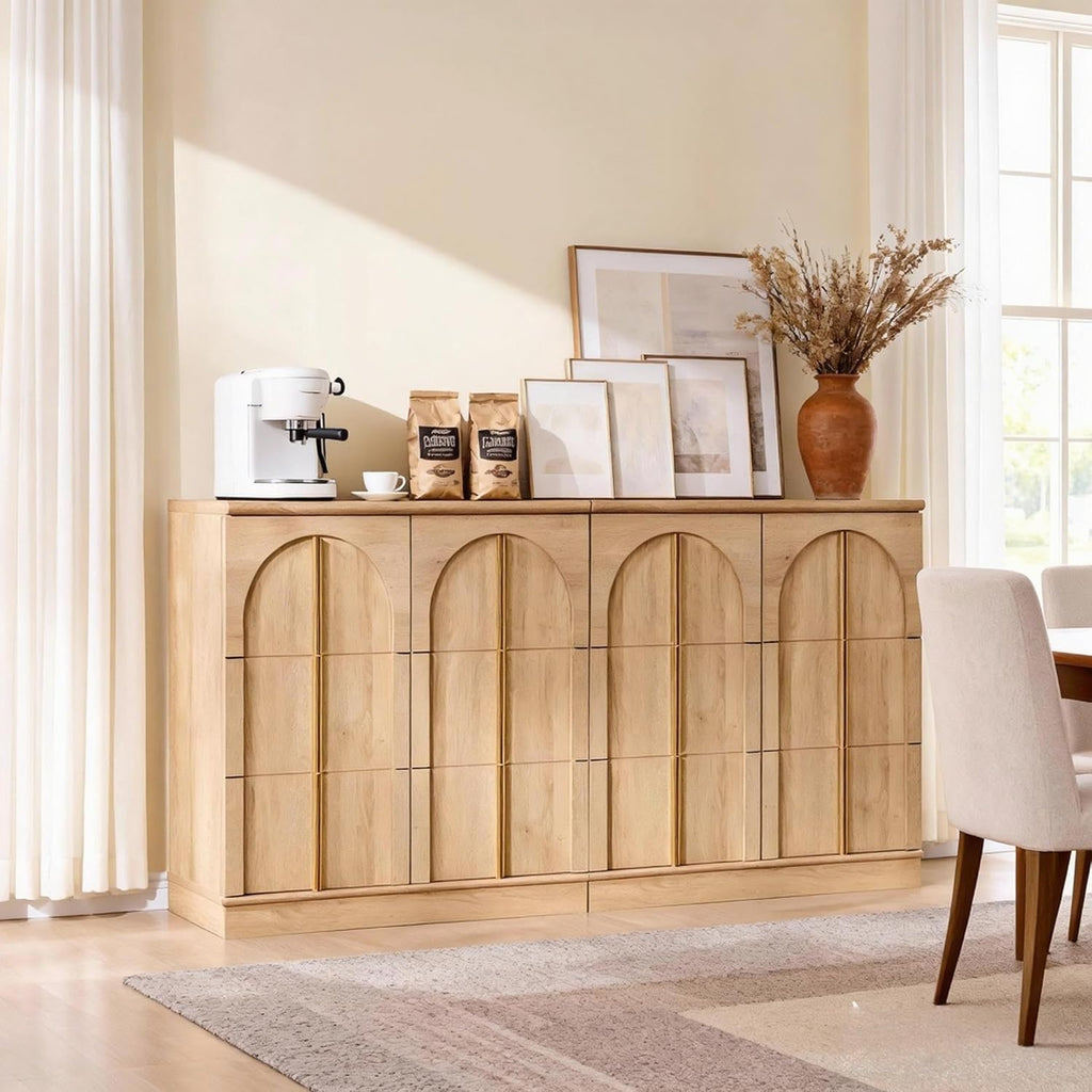 ACCOHOHO 63 Inch Sideboard Buffet Cabinet with Storage & Arched Doors, Wood Coffee Bar Tables with Adjustable Shelf for Living Room, Kitchen, Entryway, Natural Oak
