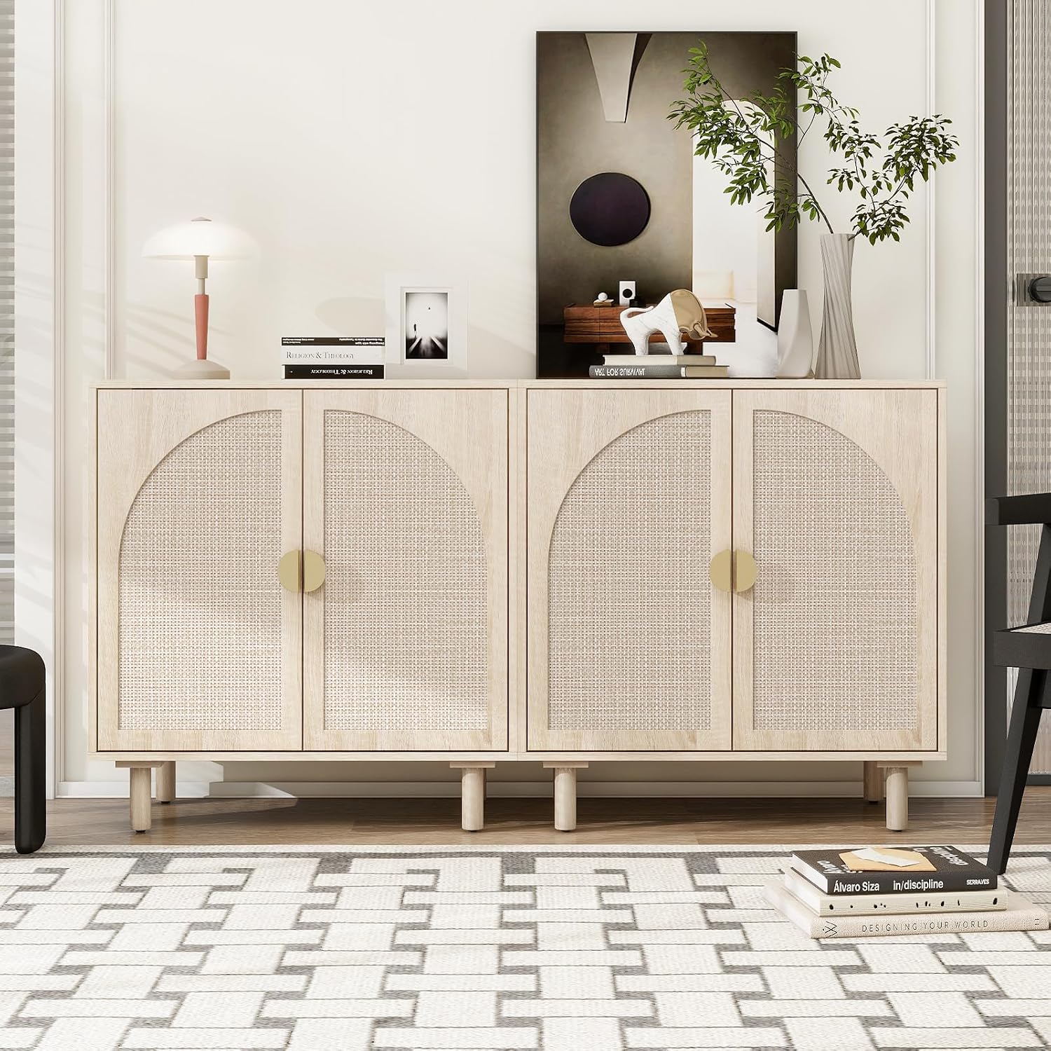 vistavie Rattan Buffet 2 Door Cabinet with Storage, Sideboard Storage Cabinet with Solid Pine Legs, Accent Wood Cabinet for Living Room, Dining Room, Kitchen (Natural, Set 2)