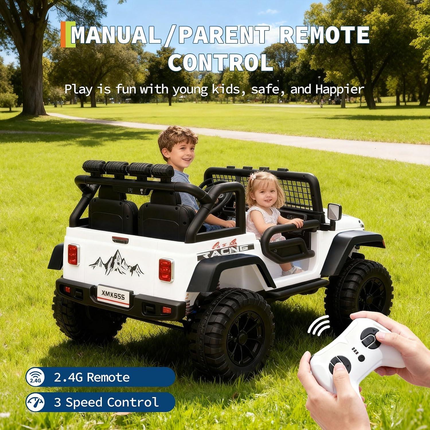 24V Ride on Car for Kids, 2 Seater Electric Truck with Parent Remote Control, Spring Suspension, 2 Speeds, LED Headlight & Music Player, Kids Electric Vehicle for Aged 3-8 Years, White