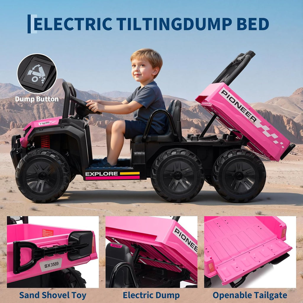 24V 2 Seater Ride on Dump Truck, 4WD Electric Car with Remote Control, Dump Bed, 3 Speed Modes, Music Player, RideToy for Boys & Girls Gift
